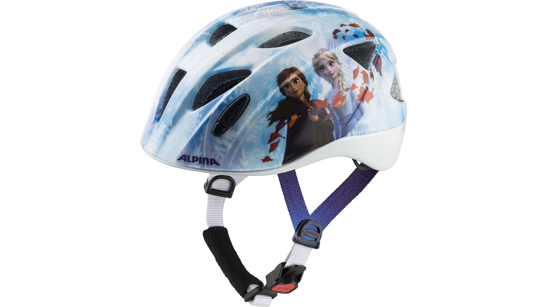 Der ALPINA Ximo Disney Kinderfahrradhelm zeigt an den Seiten beliebte Figuren aus Disneys „Die Eiskönigin – Völlig unverfroren“, darunter Elsa und Anna. Dieser in Blau-, Weiß- und Lila-Tönen gestaltete Helm von ALPINA vereint Stil und Komfort und verfügt über einen verstellbaren Kinnriemen, der jedem kleinen Radfahrer optimale Sicherheit garantiert.
