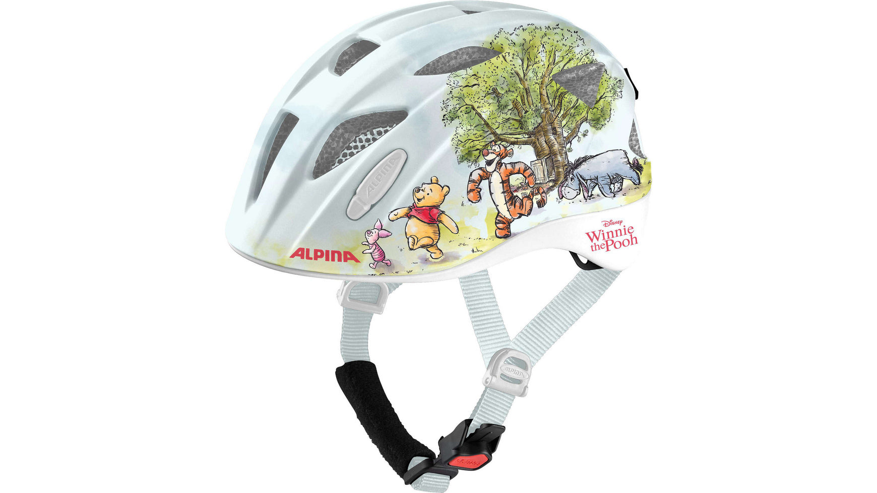 Der ALPINA Ximo Disney Kinder-Fahrradhelm von ALPINA besticht durch bezaubernde Illustrationen von Puuh, Ferkel, Tigger und I-Aah, die sich unter einem Baum ausruhen. Mit seinen hellblauen Riemen und Belüftungsöffnungen für optimalen Komfort sorgt dieser Helm bei jungen Radfahrern sowohl für Sicherheit als auch für einen stilvollen Auftritt.