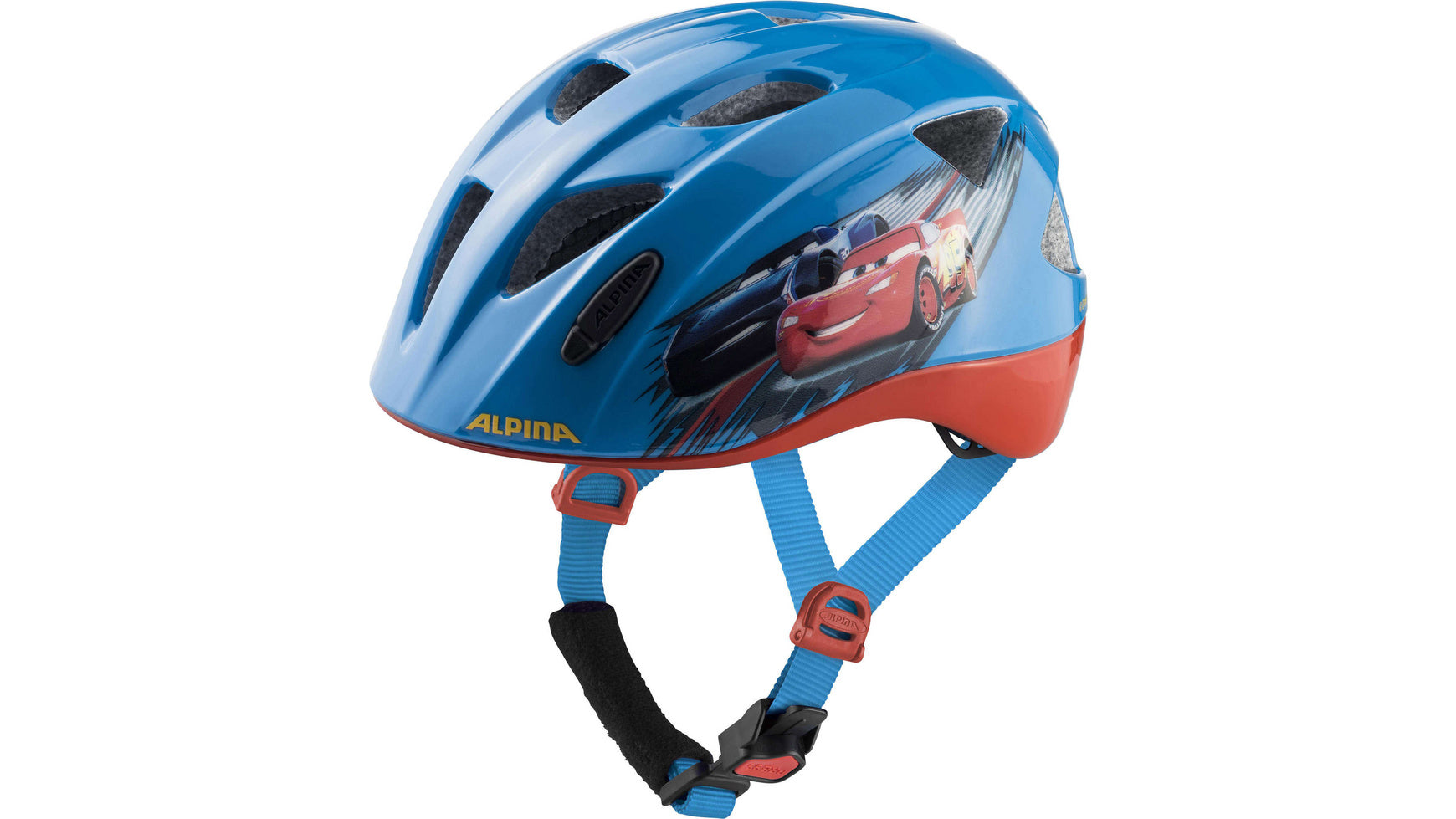 Der ALPINA Alpina Ximo Disney ist ein blau-roter Kinderfahrradhelm, auf dessen Seiten die Figuren Lightning McQueen und Jackson Storm aus dem Film „Cars“ abgebildet sind. Er verfügt über mehrere Belüftungsöffnungen und einen verstellbaren blauen Kinnriemen für zusätzliche Sicherheit beim Kinderradfahren.