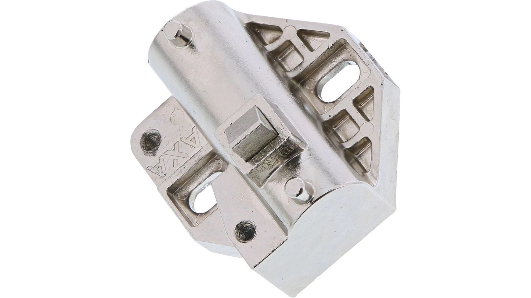 Das AXA Tube Shimano STEPS Akkuschloss ist ein metallisch glänzendes Scharnier oder eine Halterung mit mehreren Löchern, einem zentralen Drehpunkt und dem eingravierten Schriftzug AXA" - ideal für die Befestigung von E-Bike-Komponenten.