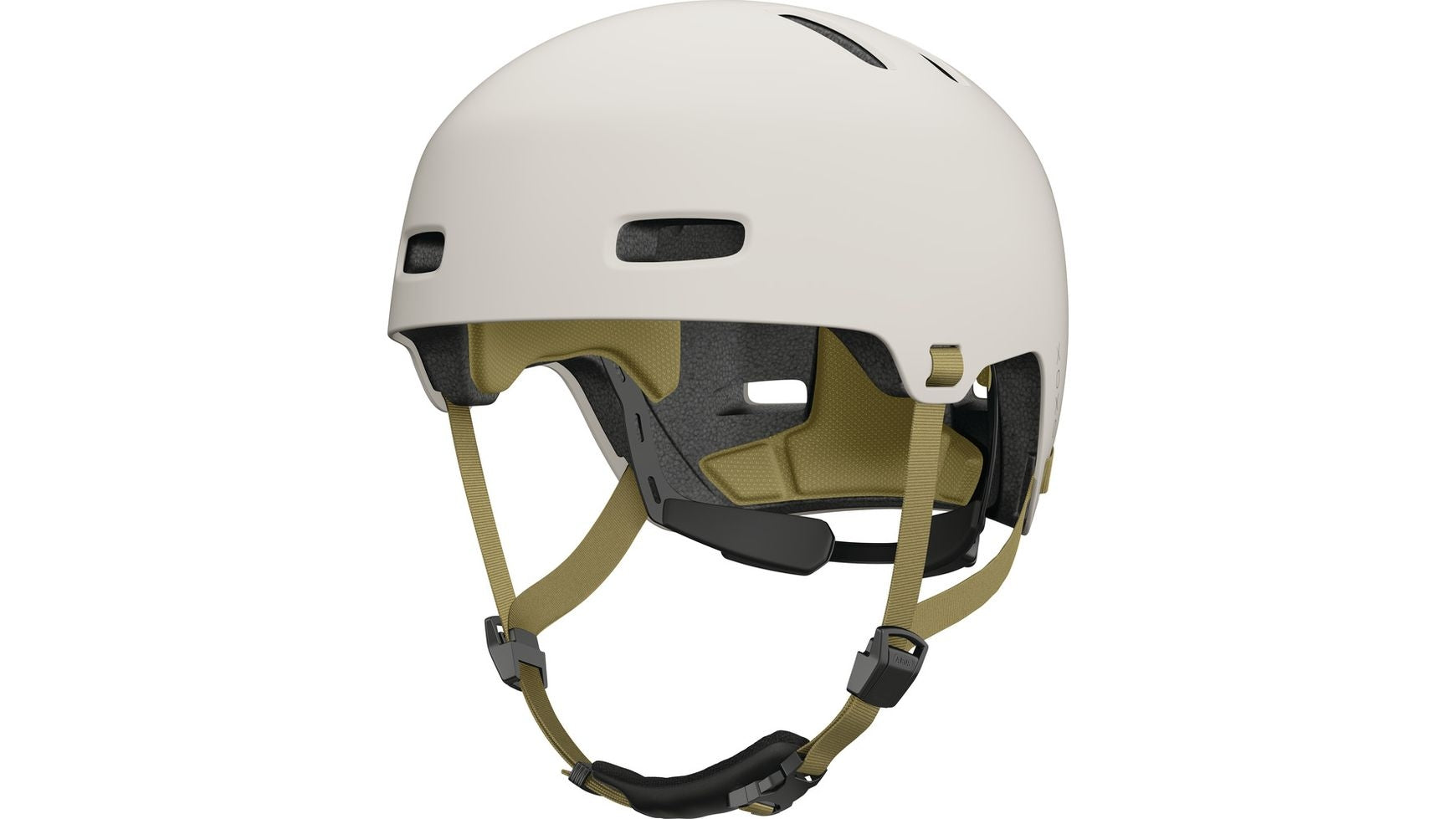 Der ABUS Xoxo ECO ist ein weißer Fahrradhelm mit mehreren Belüftungsöffnungen, beigen, verstellbaren Kinnriemen und Schaumstoff-Innenauskleidung. Hergestellt aus recycelten Materialien von ABUS, bietet er Komfort, Sicherheit und unterstützt eine nachhaltige urbane Mobilität.