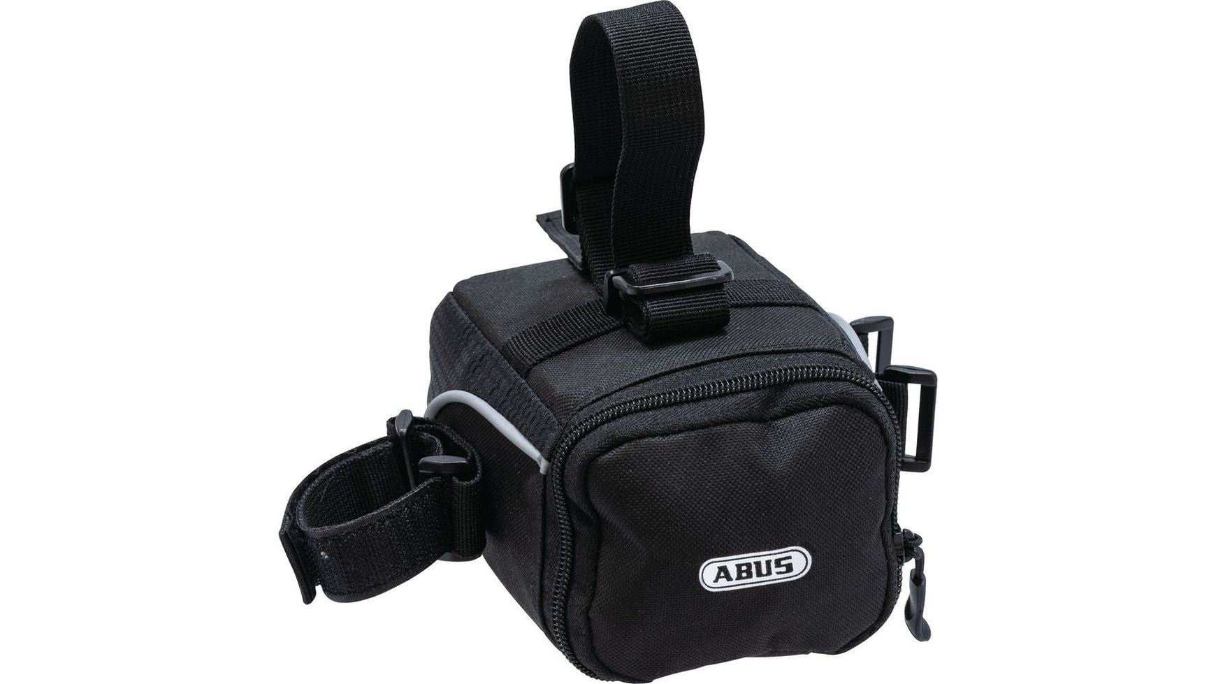 Die ABUS ST 5050 Schlosstasche ist eine kompakte schwarze Satteltasche mit einer Reißverschlusstasche, reflektierenden Elementen und verstellbaren Trägern - ideal, um Ihr Schloss oder Ihre Kette bei jeder Fahrt sicher zu transportieren.