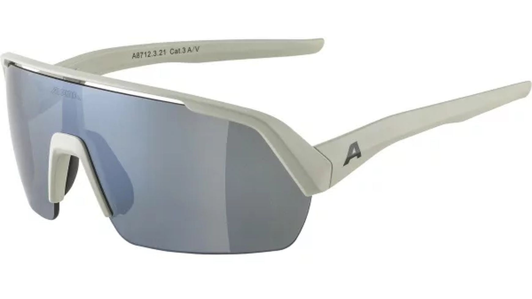 Die ALPINA Turbo HR Sonnenbrille verfügt über einen modernen weißen Rahmen, große verspiegelte Wraparound-Gläser mit Fogstop-Beschichtung für klare Sicht und dicke eckige Bügel mit einem stilisierten A-Logo in der Nähe des Scharniers.