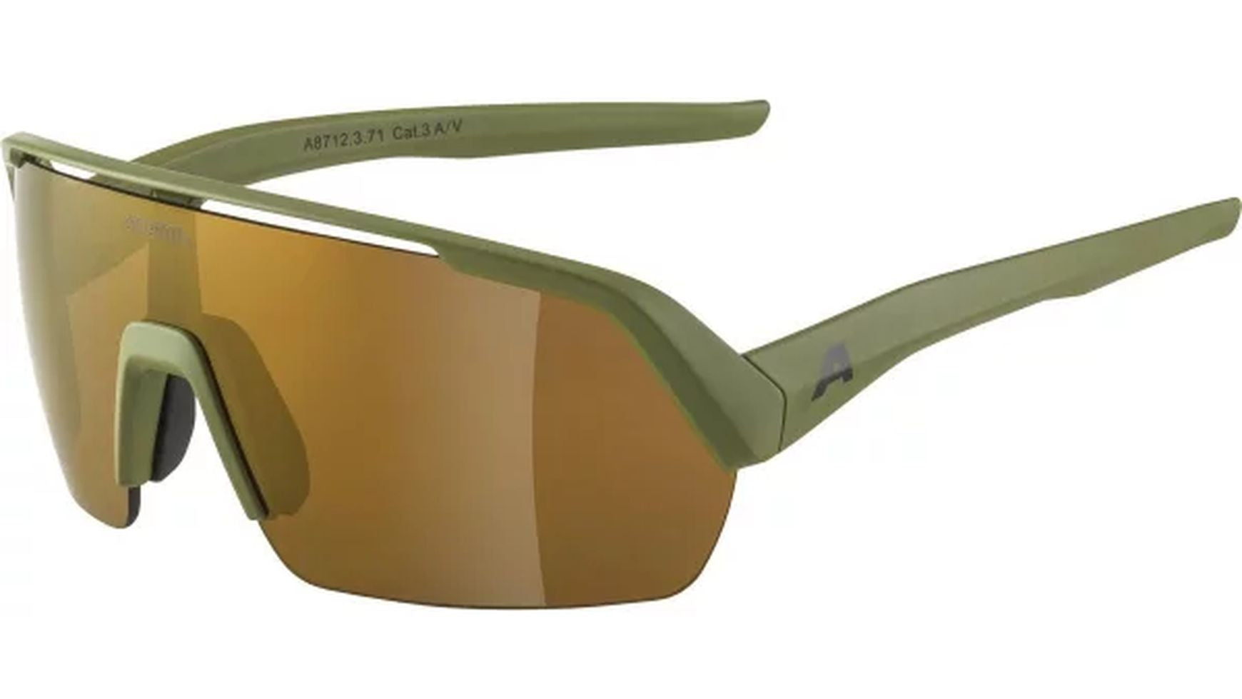Die ALPINA Turbo HR ist eine olivgrüne Sportbrille mit einem großen, braun getönten Brillenglas, einer Fogstop-Beschichtung für klare Sicht und einem kantigen Rahmen mit einem markanten Nasensteg und geraden Bügeln.