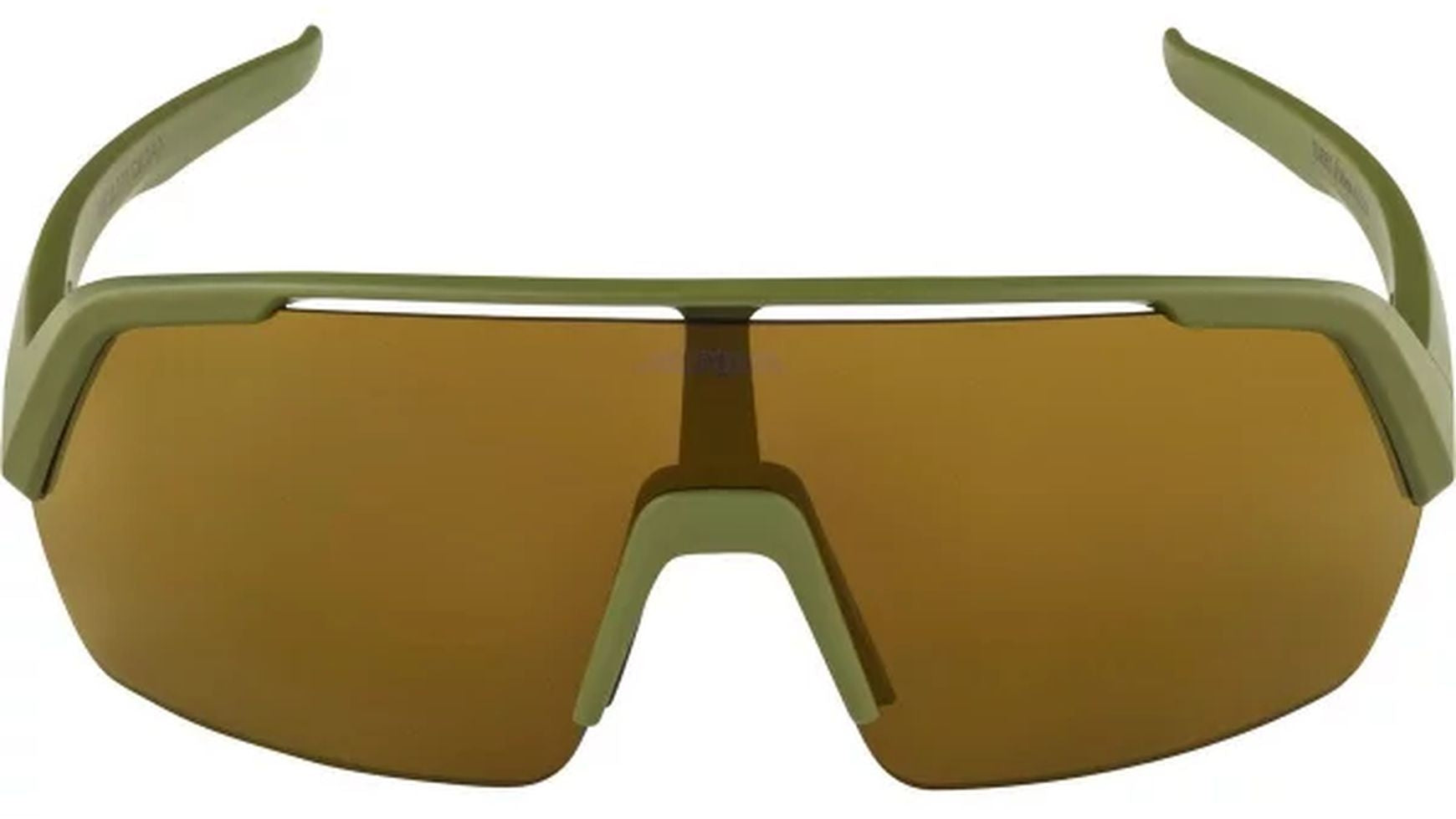Vorderansicht der ALPINA Turbo HR Sonnenbrille mit olivgrünem Rahmen und großen, einteiligen, braun getönten Gläsern. Das breite, kantige Sportbrillen-Design mit einem markanten Nasensteg sorgt für einen modernen, sportlichen Look.