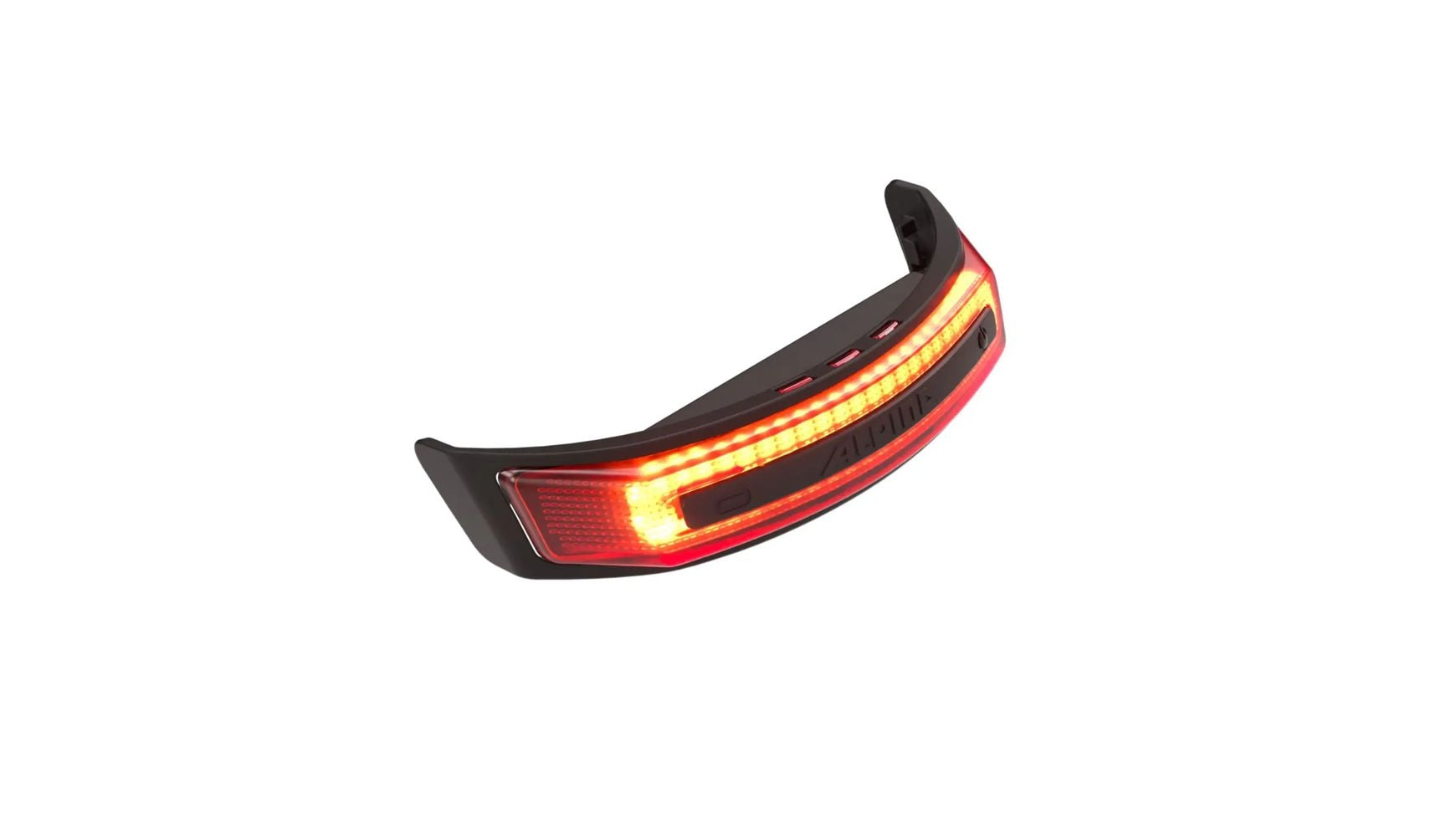 Das ALPINA Alpina Clip on Light V2, ein geschwungenes schwarz-rotes LED-Rücklicht für Fahrräder mit USB-C-Kompatibilität, wird auf weißem Hintergrund beleuchtet gezeigt.