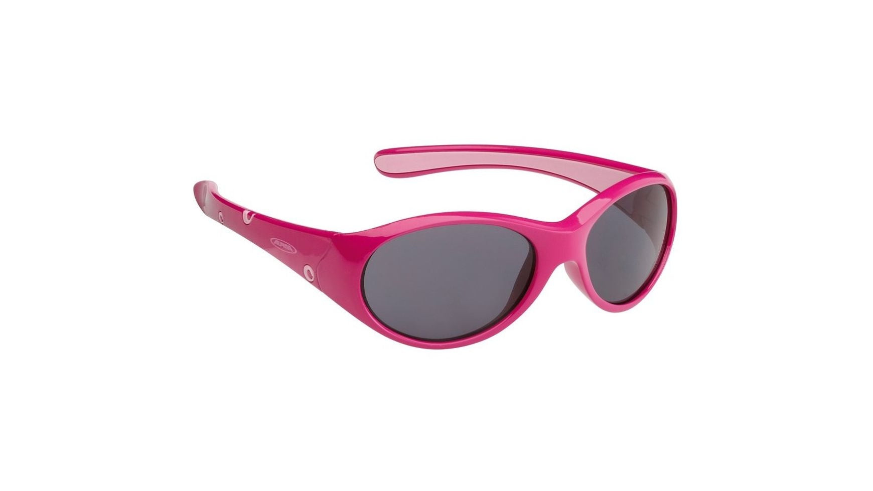 Die ALPINA Flexxy Girl Sonnenbrille hat einen hellrosa, dicken ovalen Rahmen und dunkel getönte Gläser mit UV-Schutz. Ihre breiten, leicht gebogenen Bügel und ihr flexibles Design machen sie ideal für Kinder, die auf einem klaren weißen Hintergrund abgebildet sind.