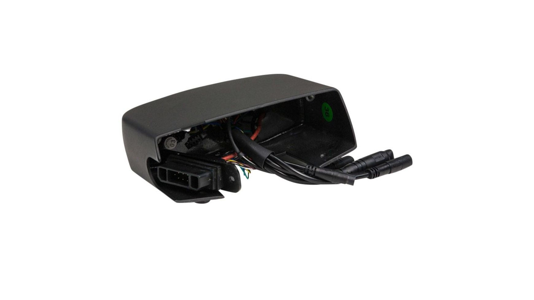Auf weißem Hintergrund ist ein schwarzes BABBOE BOSSA BLC/BYD-Controllerbox-Gehäuse mit freiliegenden Kabeln und einem OBD-Stecker zu sehen, das für elektrische Lastenräder konzipiert ist.