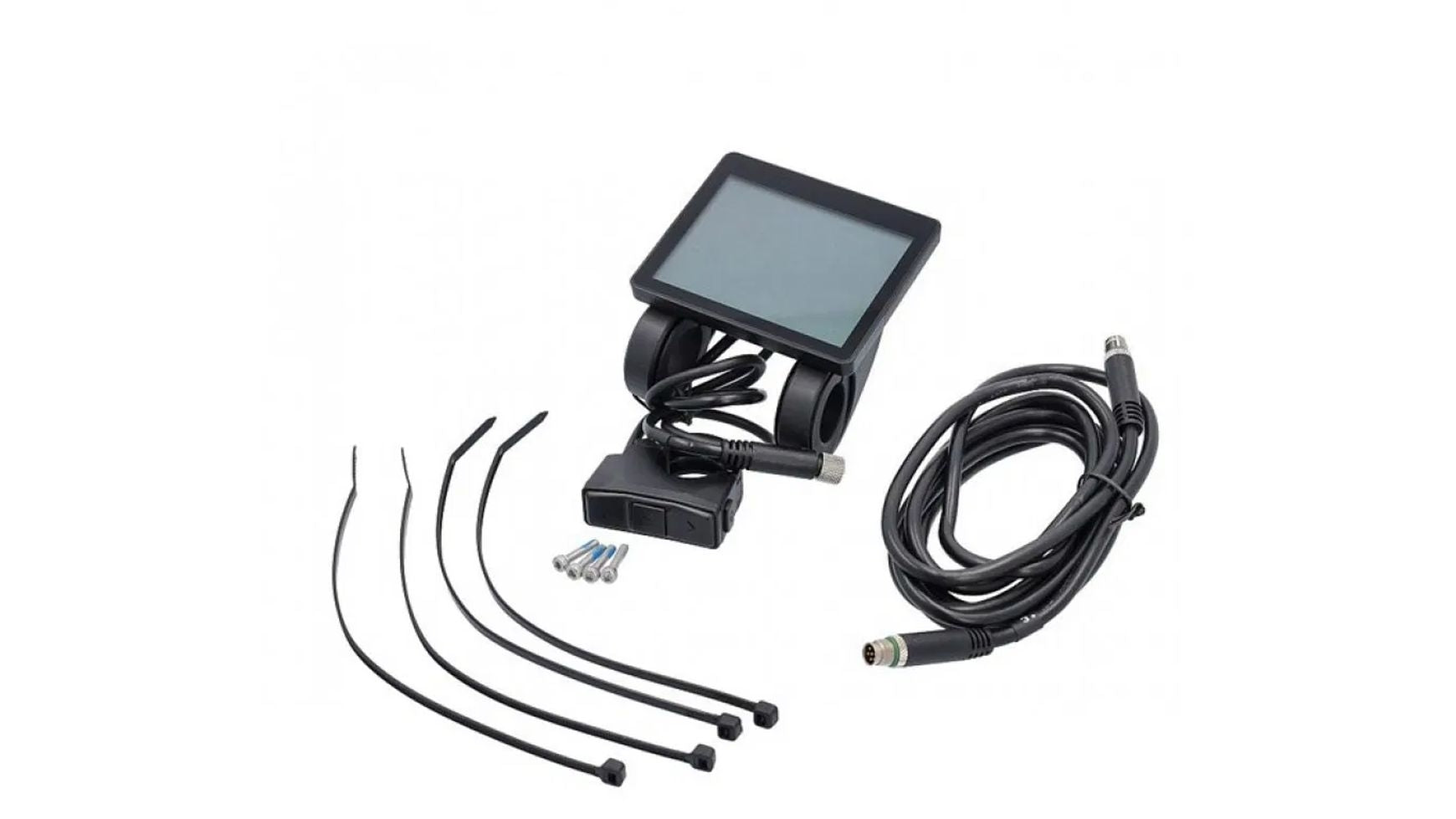 Ein BABBOE GWA Display G600 LED Fahrradcomputer-Kit mit digitaler Anzeige, Halterung, vier Kabelbindern, Schrauben mit Dübeln und einem langen schwarzen Kabel mit Steckern - kompatibel mit E-Lastenrad Display - auf weißem Hintergrund.