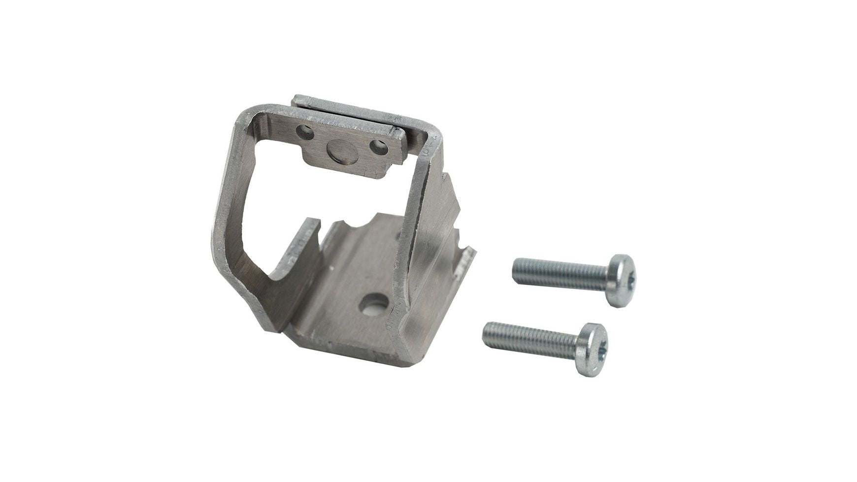 Der BOSCH Halteradapter-Kit Rahmenakku ist eine Metallhalterung für Kettenblattmontage mit einer rechteckigen Öffnung und zwei Löchern, kompatibel mit Bosch Spider oder Active Line Systemen. Enthält zwei silberne Schrauben, auf einem weißen Hintergrund dargestellt.