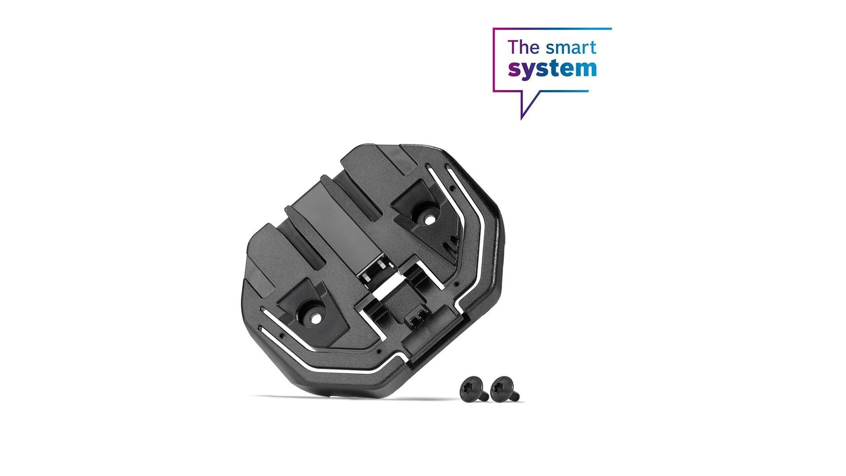 Abgebildet ist eine schwarze BOSCH Platte PowerTube Horizontalhalterung aus Kunststoff für Bosch PowerTube-Akku mit zwei Schrauben auf weißem Hintergrund. Oben rechts steht in einer Sprechblase "Das intelligente System" für Ihr E-Bike.