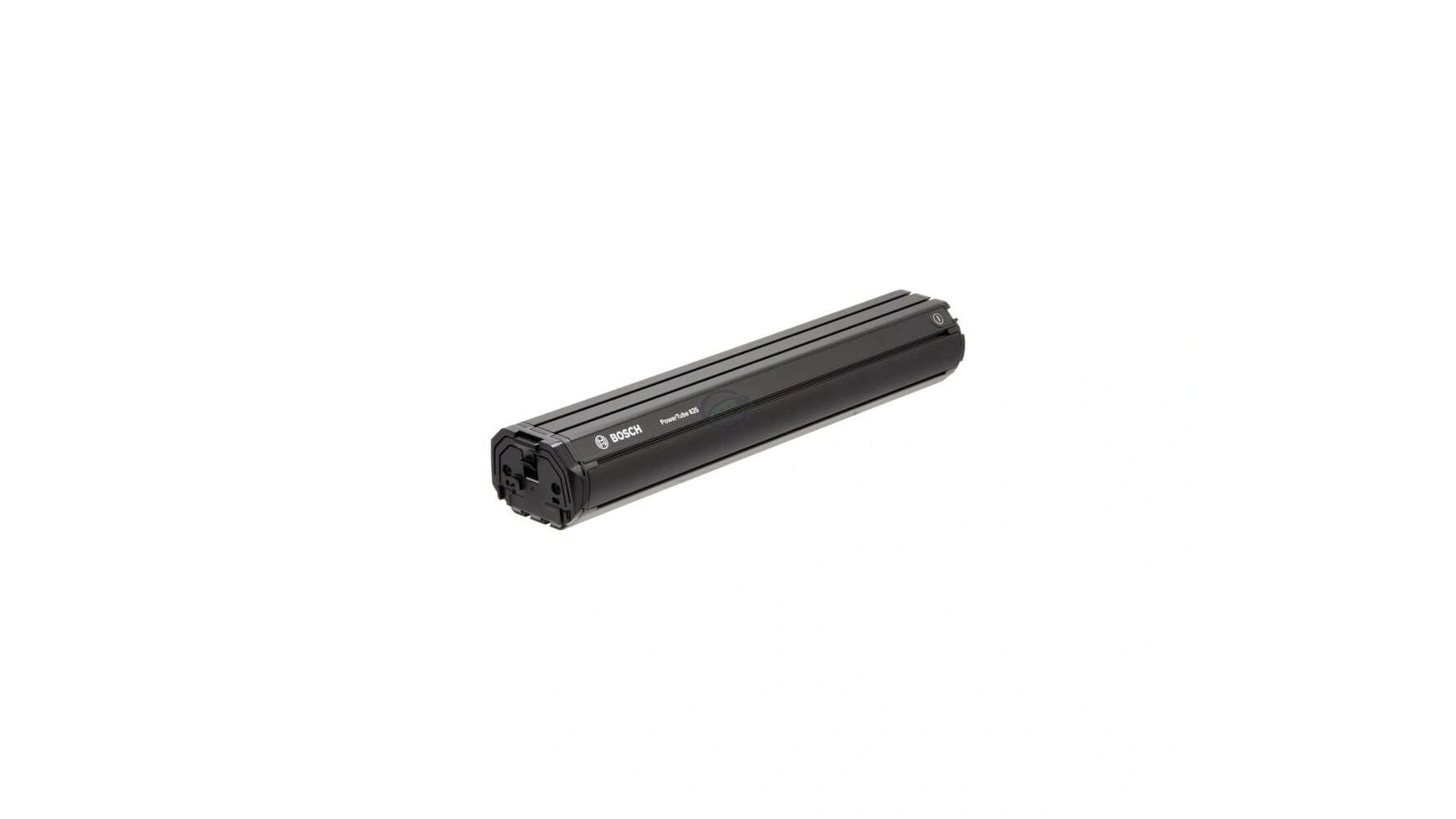 Eine schwarze Tonerkartusche ist auf einem weißen Hintergrund abgebildet. Ihre zylindrische Form und die kantigen Kanten erinnern an das schlanke Design der BOSCH PowerTube 625 Wh Vertikal, mit sichtbarem BOSCH Branding an der Seite.
