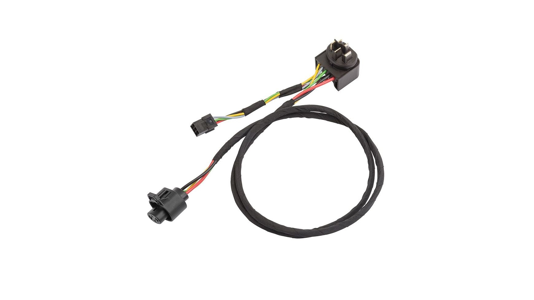 Ein elektrischer Kabelbaum BOSCH PowerTube 820 mm Kabel mit farbigen Kabeln, Steckern an beiden Enden und einem rechteckigen Kunststoffteil, entwickelt für E-Bike Bosch Smart System Setups, isoliert auf weißem Hintergrund.