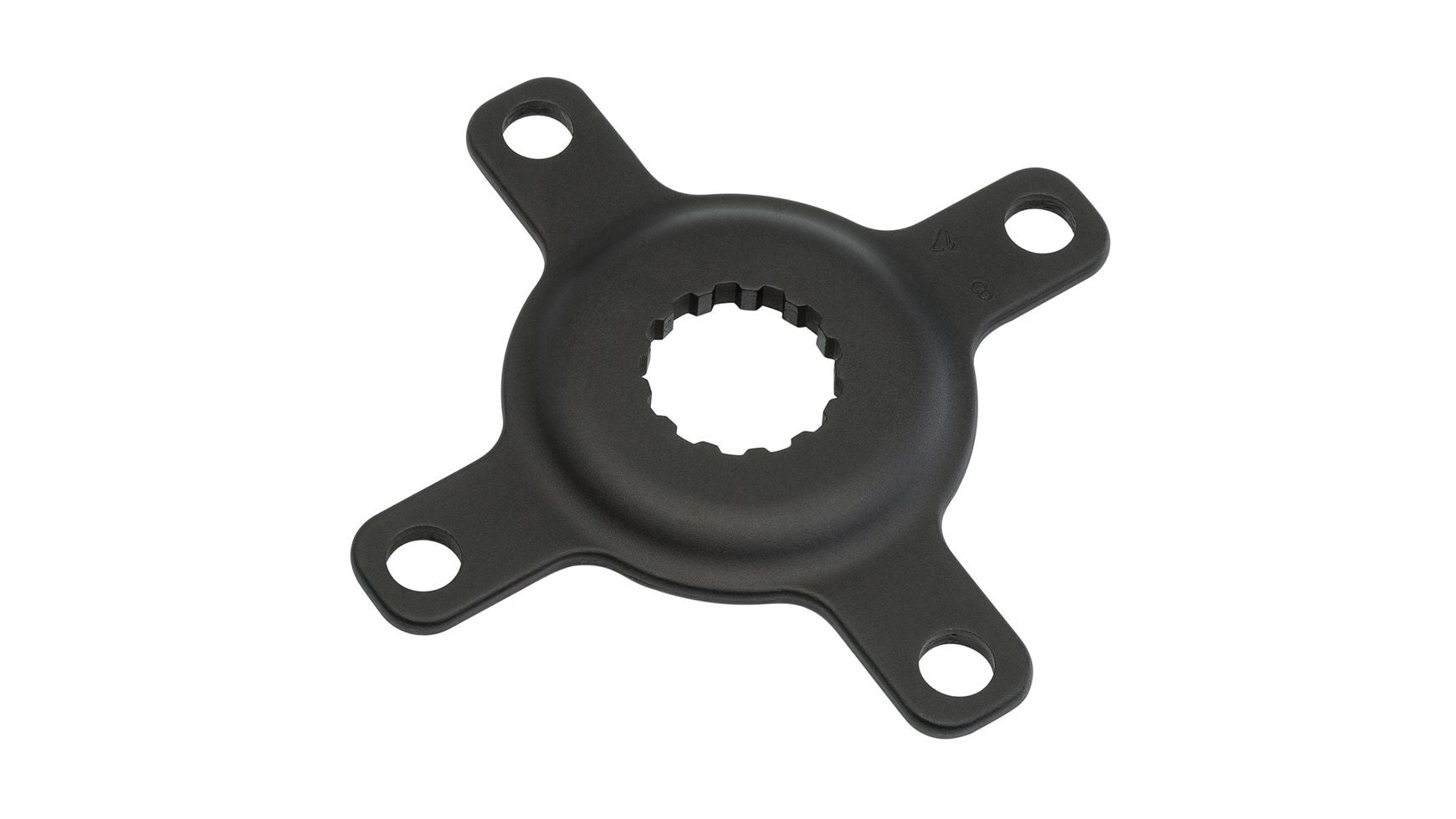 Ein schwarzer, vierarmiger BOSCH Spider (BDU3xx) Metalladapter mit runder Verzahnung und vier Befestigungslöchern, entwickelt für Active Line Kettenblatt Systeme, dargestellt auf weißem Hintergrund.