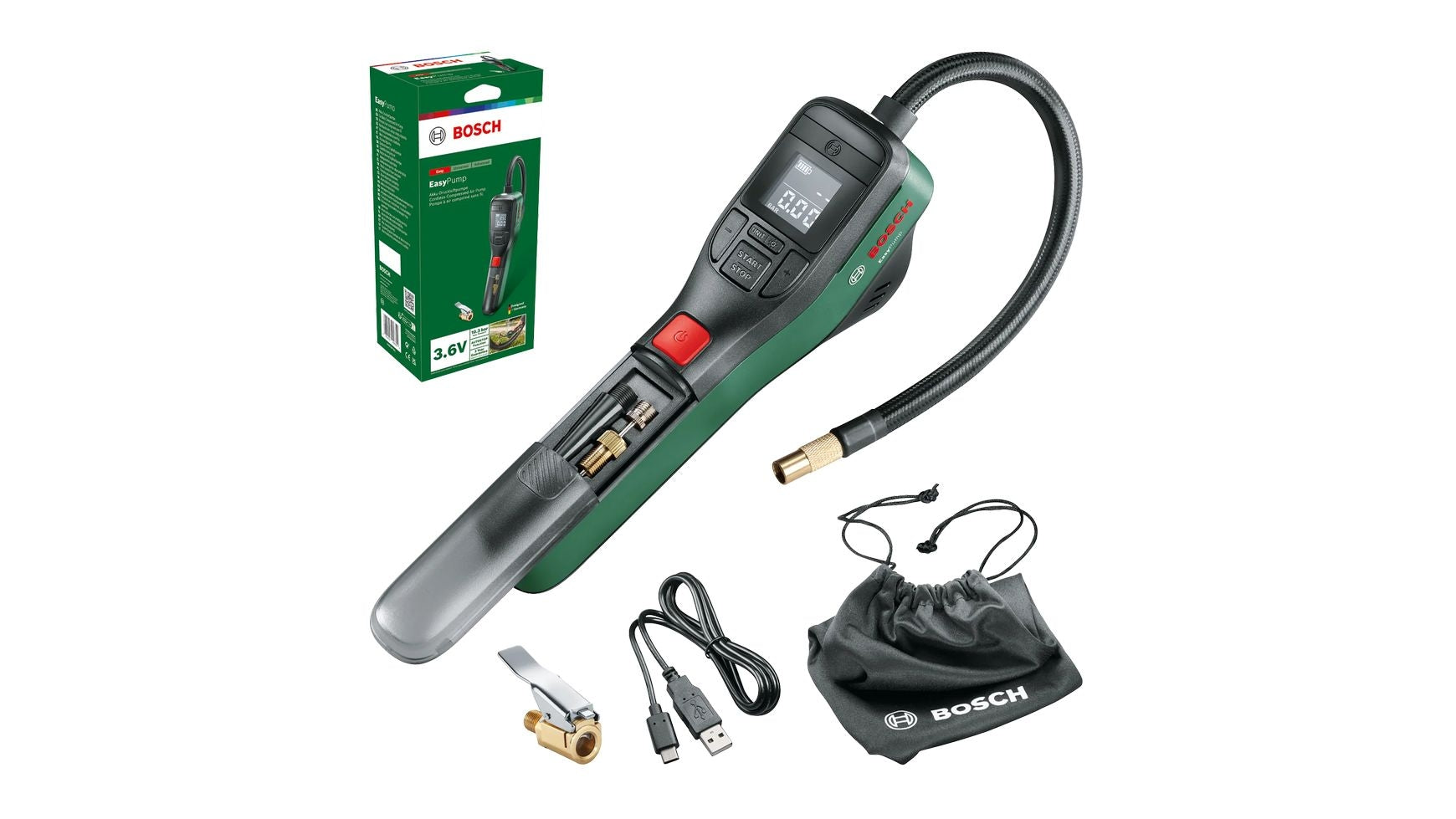 Eine BOSCH EasyPump II elektrische Pumpe mit flexiblem Schlauch, Display, Düsenaufsätzen, USB-Ladekabel, Aufbewahrungstasche und Verpackung - ideal für Reifen aufpumpen - ist auf weißem Hintergrund abgebildet.