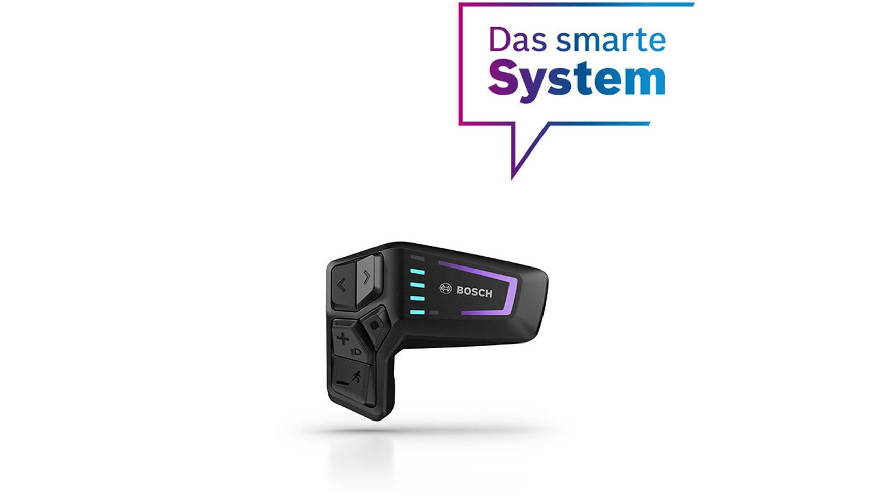 Eine BOSCH LED-Fernbedienung (BRC3600) mit Tasten und Kontrollleuchten erscheint unter einer Sprechblase mit der Aufschrift "Das smarte System". Das Design ist in den Farben Schwarz, Blau und Lila gehalten.