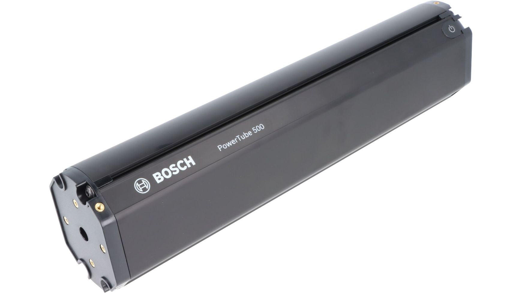 Ein schwarzer BOSCH PowerTube 500 vertikal (EU) eBike-Akku liegt auf der Seite und zeigt die Anschlusspunkte und das BOSCH-Branding auf dem Gehäuse.