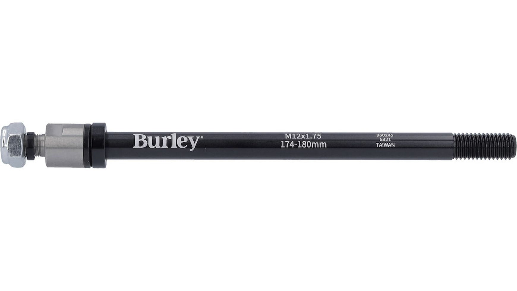 Die BURLEY Steckachse M12 x 1,75 ist eine schwarze Fahrradachse mit Gewinde und Metallmuttern, in der Größe 174-180mm, perfekt für das 12 mm System - ideal für Ihren Burley Anhänger. Text auf der Achse: Burley, M12x1.75, 174-180mm.