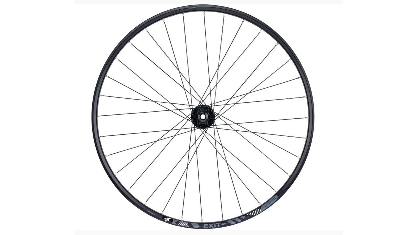 Das CONTEC Exit Core 25 Vorderrad 29" ist ein schwarzes Fahrradlaufrad mit schlanken Speichen und einer Scheibenbremsnabe, abgebildet auf weißem Hintergrund. Die minimale Grafik auf der Felge macht es perfekt für den Einsatz in einem E-Bikes Laufrad-Set.
