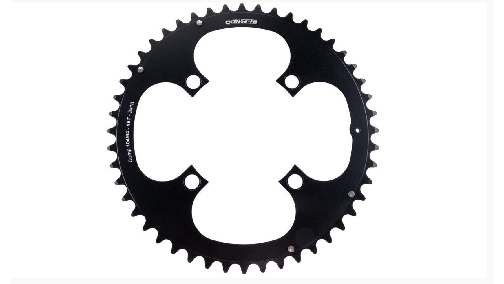 Das CONTEC C.Drive 10-f. Kettenblatt ist ein schwarzes, rundes Kettenblatt für MTB-Trekkingräder mit vier großen Schraubenlöchern und gleichmäßigen Zahnabständen, beschriftet mit "CONTEC" - kompatibel mit 9- oder 10-fach-Antrieben.