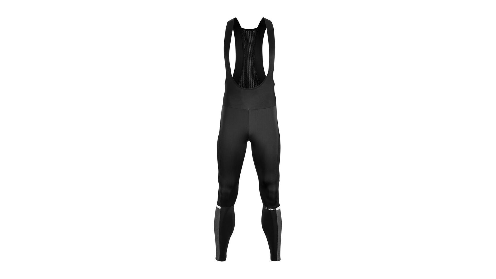 Cube BLACKLINE ohne Pad: Schwarze Radhose mit Trägern von CUBE aus winddichtem Material, mit Schulterträgern, Mesh-Einsatz im Brustbereich und eng anliegenden Beinen. Abgebildet auf weißem Hintergrund ohne sichtbare Markenzeichen oder Logos.