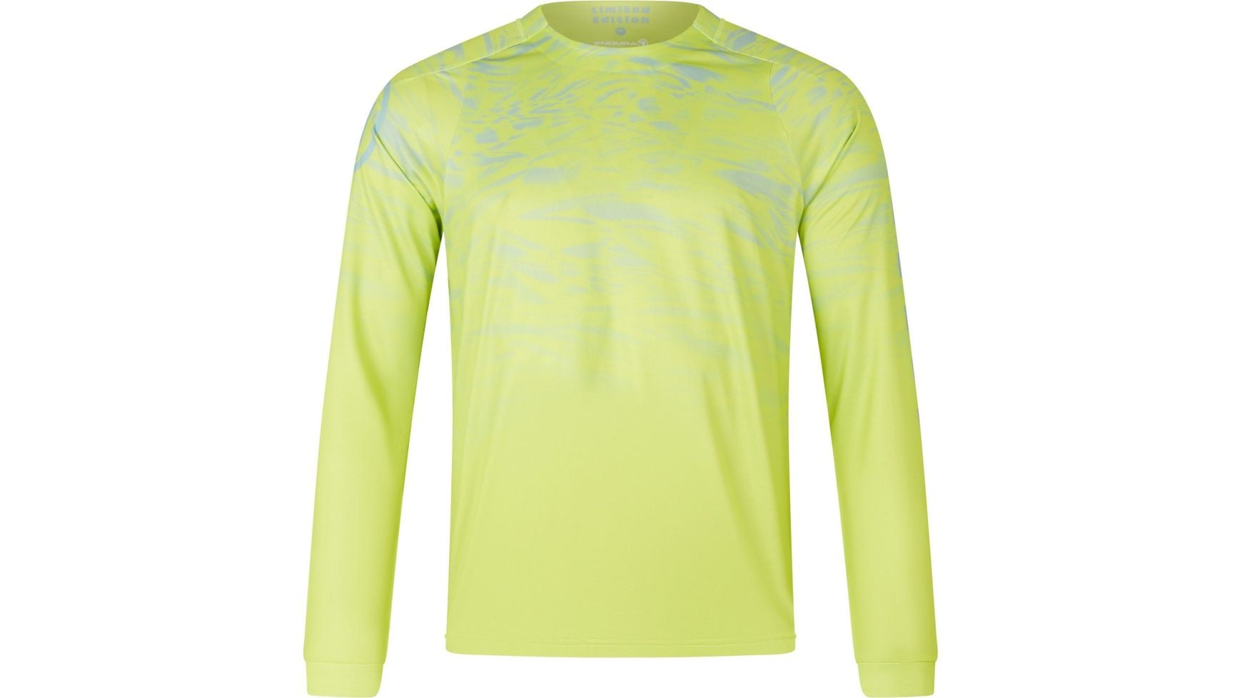 Neongelbes Endura MARBLE LTD bedrucktes Langarm-T-Shirt mit einem hellblauen Marmor-Print im Brust- und Schulterbereich.