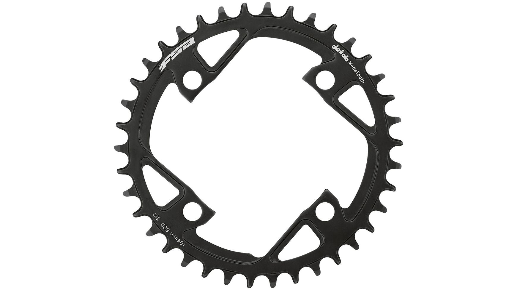 Das FSA 4-Arm Megatooth 1x 38 Zähne ist ein schwarzes Kettenblatt für E-Bikes mit Singlespeed-Antrieb, mit 38 Zähnen, vier Befestigungslöchern und Aussparungen für ein geringeres Gewicht und ein stylisches Design.
