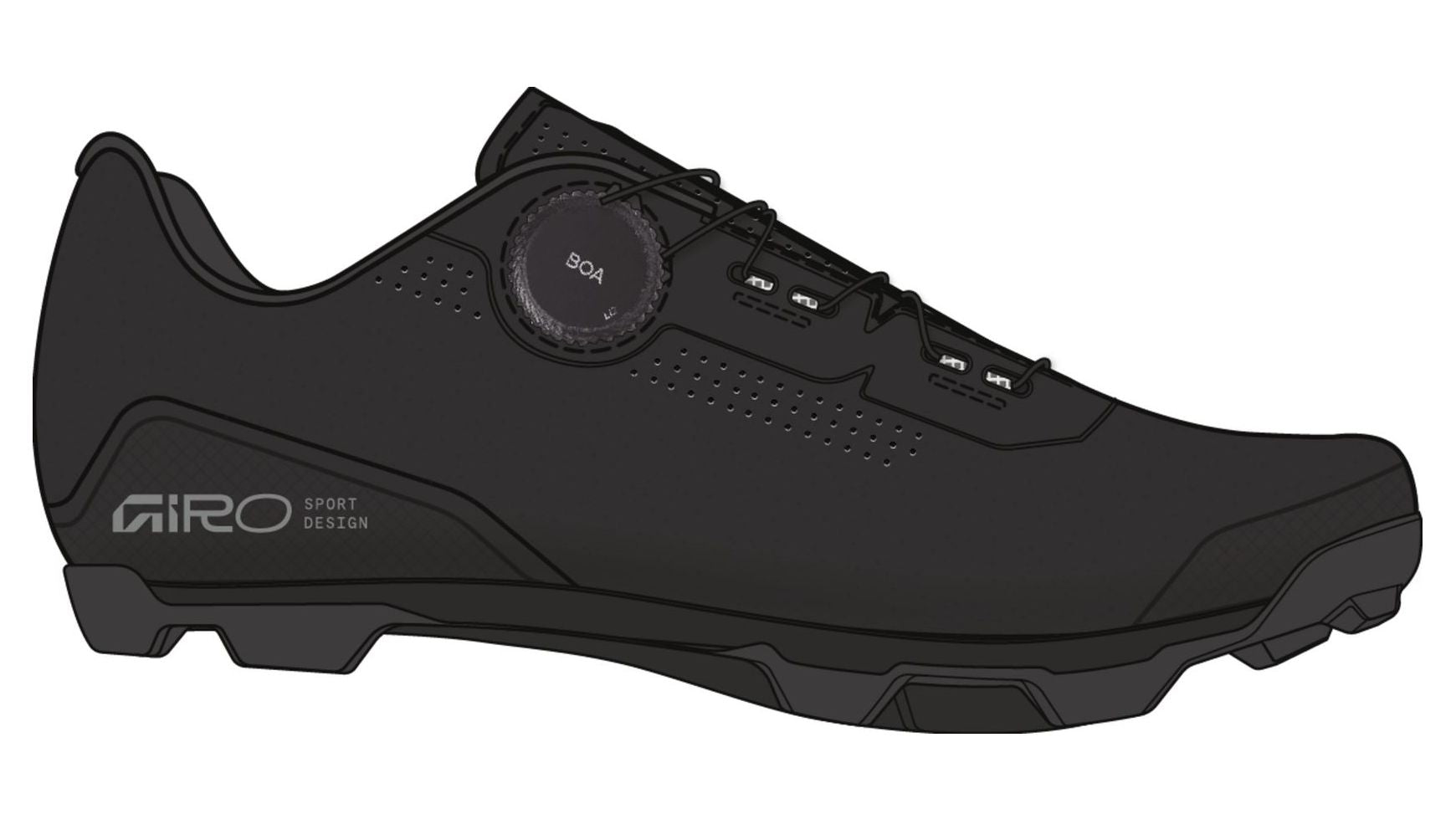 Abbildung eines schwarzen GIRO Cadet XC MTB Schuhe Herren Radschuhs mit BOA-Zahlenverschluss, perforierten Belüftungsöffnungen, robuster Sohle, SPD-System und Aufdruck "GIRO" und "SPORT DESIGN" im Fersenbereich.