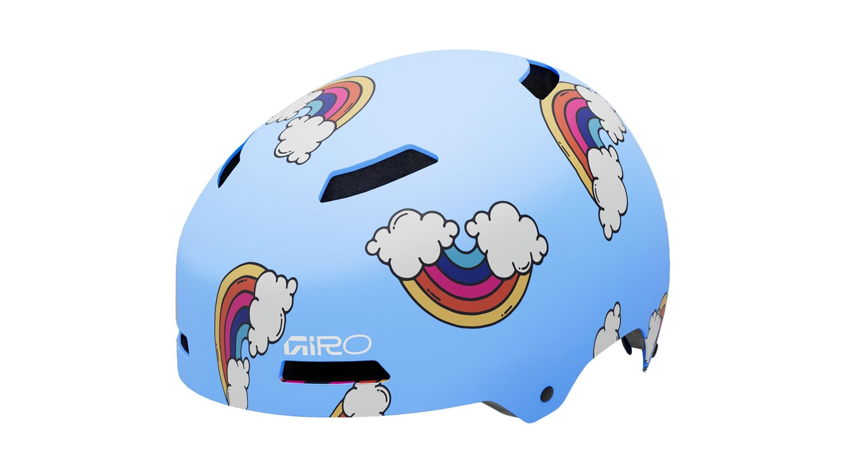Der GIRO Dime FS Special Edition ist ein hellblauer Kinderhelm mit Regenbogen- und Wolkengrafik, Belüftungslöchern, einer EPS-Innenschale für Sicherheit und dem weißen GIRO-Logo an der Seite.