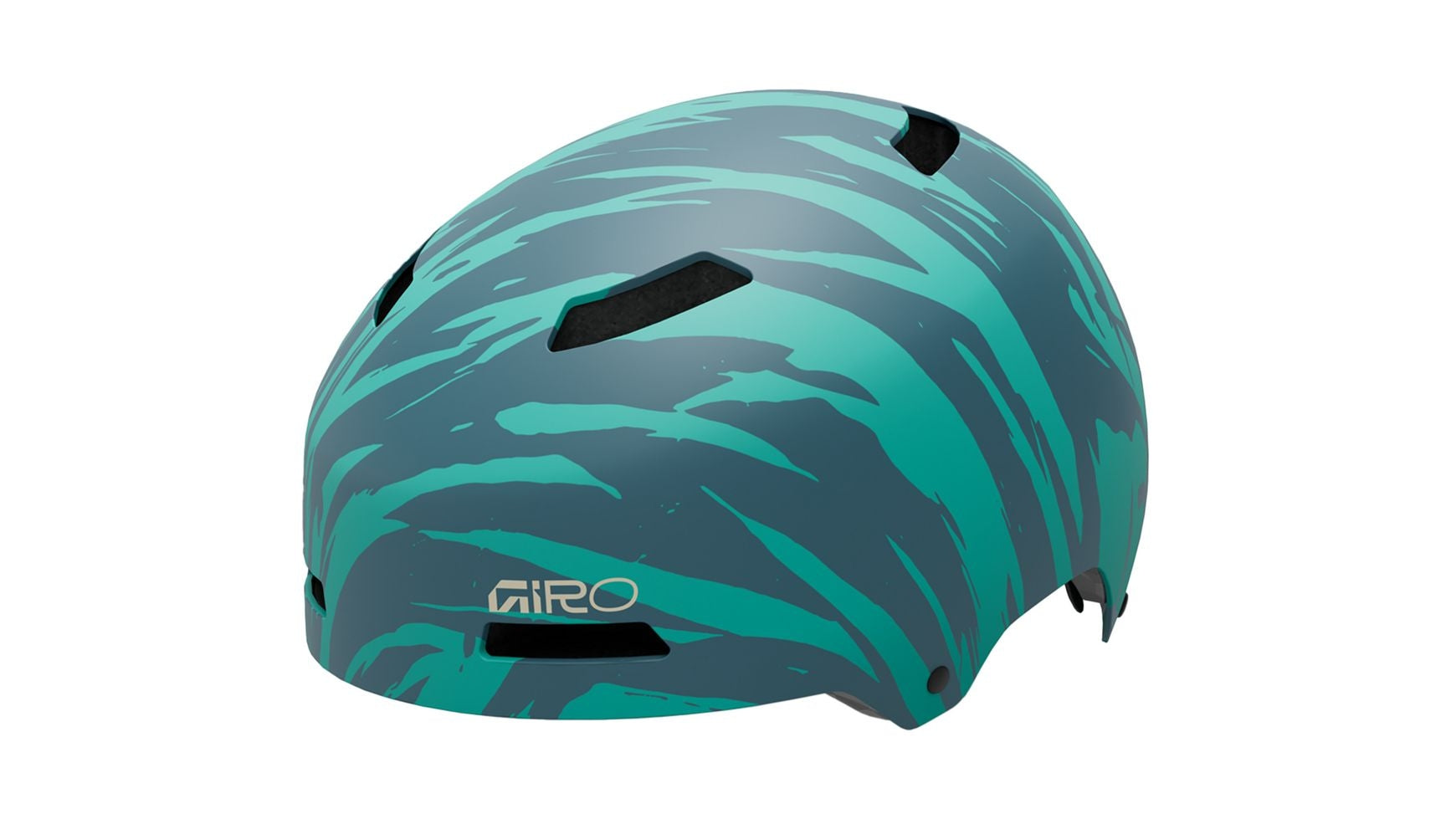 Der GIRO Dime FS Special Edition Helm hat eine tealfarbene Schale mit dunkelgrünen und türkisfarbenen Tigerstreifen, mehrere Lüftungsschlitze, eine robuste EPS-Innenschale und ein weißes Giro-Logo an der Seite.
