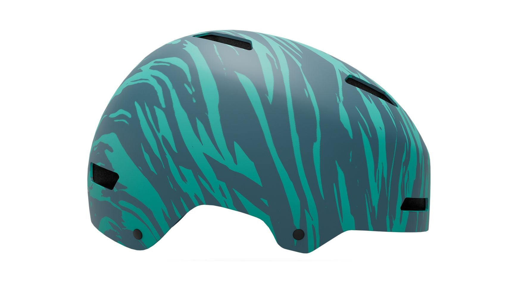 Der Giro Dime FS Special Edition von GIRO ist ein robuster Kinderhelm mit einem abstrakten Wellendesign in mattem Teal und Dunkelgrün, mehreren schwarzen Belüftungsöffnungen und einer EPS-Innenschale für erhöhten Schutz.