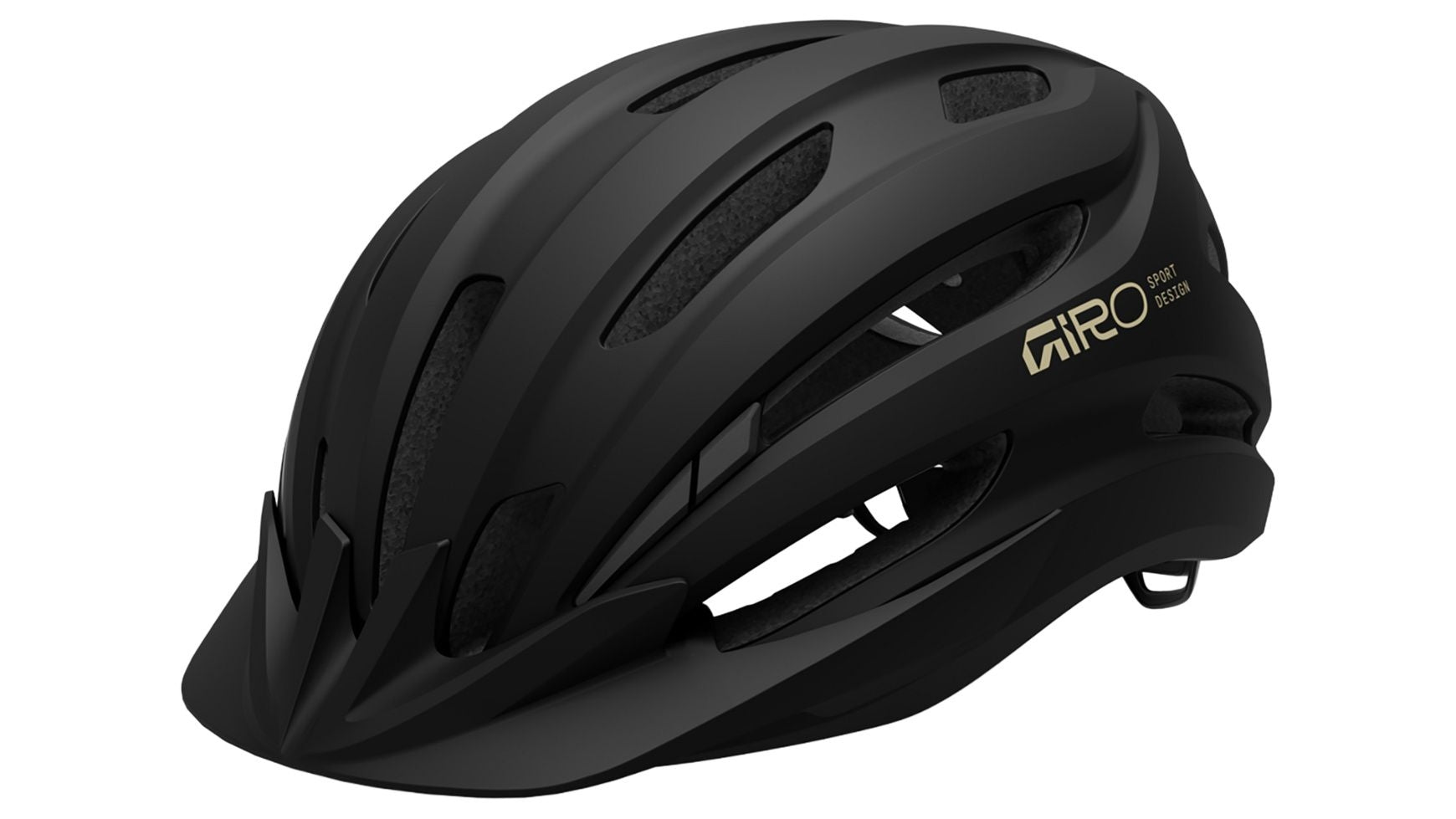 Der Giro Register II W ist ein mattschwarzer In-Mold-Helm von GIRO mit mehreren Lüftungsschlitzen, einem goldenen GIRO-Logo an der Seite, einem kleinen Frontvisier und einem aerodynamischen Design für den vielseitigen Einsatz.