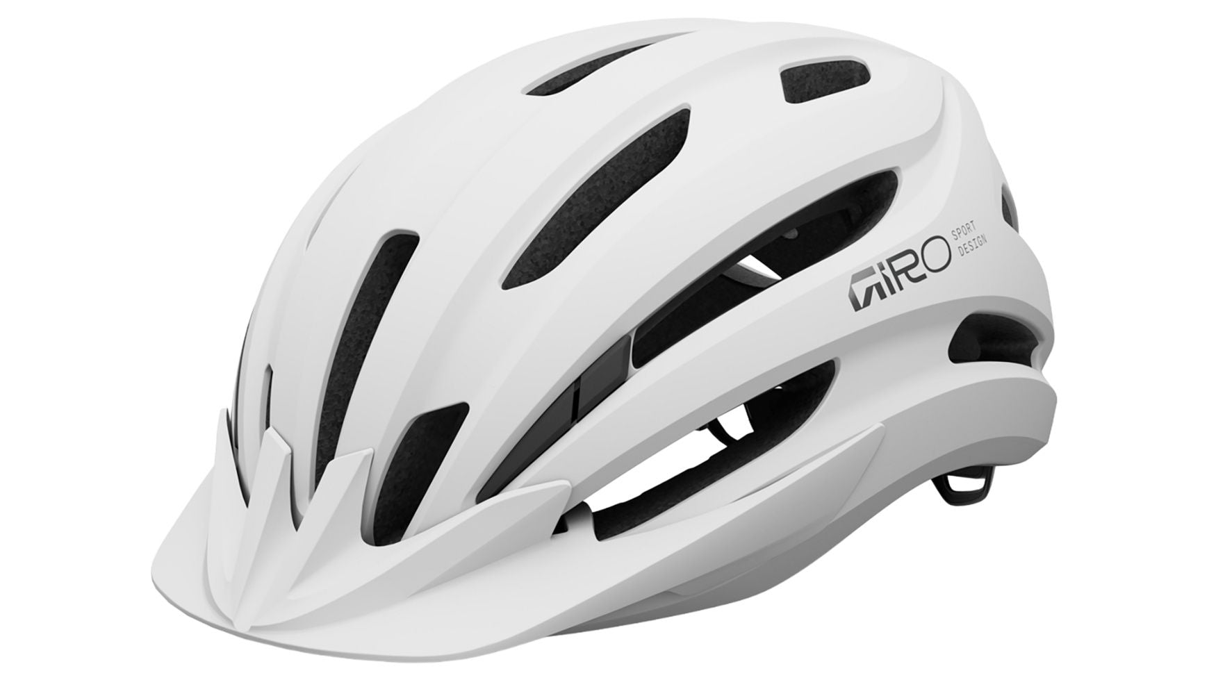 Der GIRO Giro Register II W, ein weißer Helm mit mehreren Belüftungsöffnungen, einem kleinen Frontvisier und einem verstellbaren Hinterriemen, ist vor einem schlichten weißen Hintergrund abgebildet.