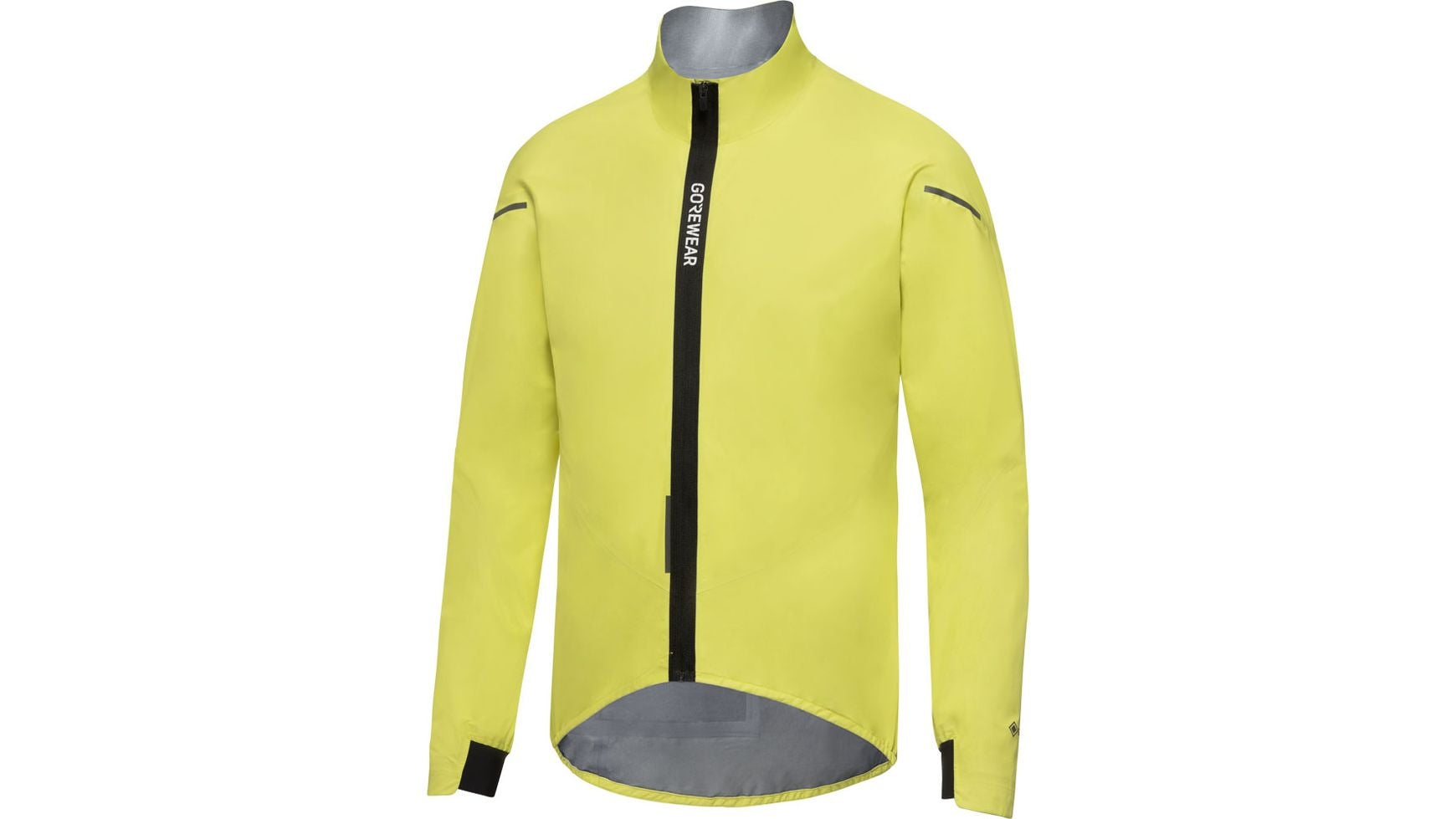 Die GORE SPINSHIFT GORE-TEX ist eine leuchtend gelbe, langärmelige Fahrradjacke mit einem dezentralen schwarzen Reißverschluss, reflektierenden Akzenten, hohem Kragen, verlängertem Rücken, Wetterschutz und "GORE WEAR" auf der Brust.