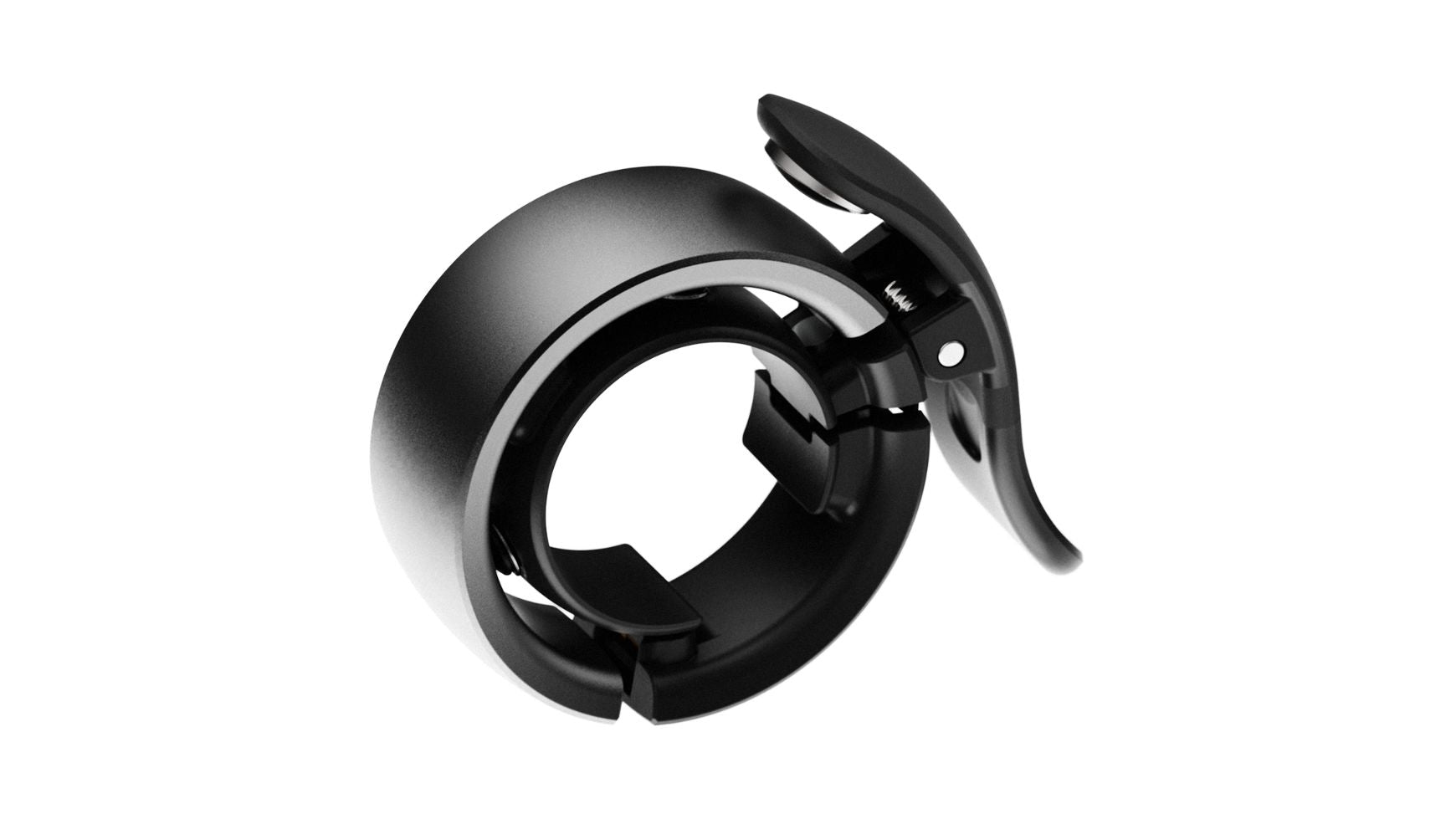 Ein schwarzer, runder KNOG OI Prima Fahrradklingel mit Schnellspannhebel ist schräg auf weißem Hintergrund abgebildet und besteht aus Metall oder Hartplastik.
