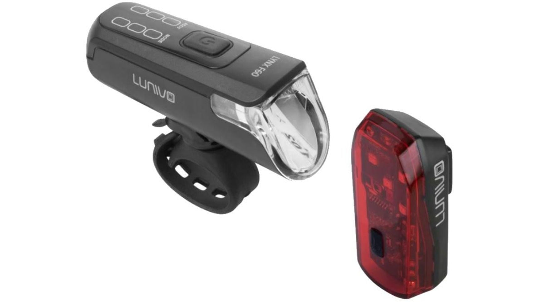Das LUNIVO Lunivo Lynx F60 & R Brake Akku-Set besteht aus einem schwarzen Frontlicht mit klarer Linse und einem kleineren roten Bremsrücklicht - ein ideales Fahrrad Beleuchtungs-Set für sichere Fahrten.