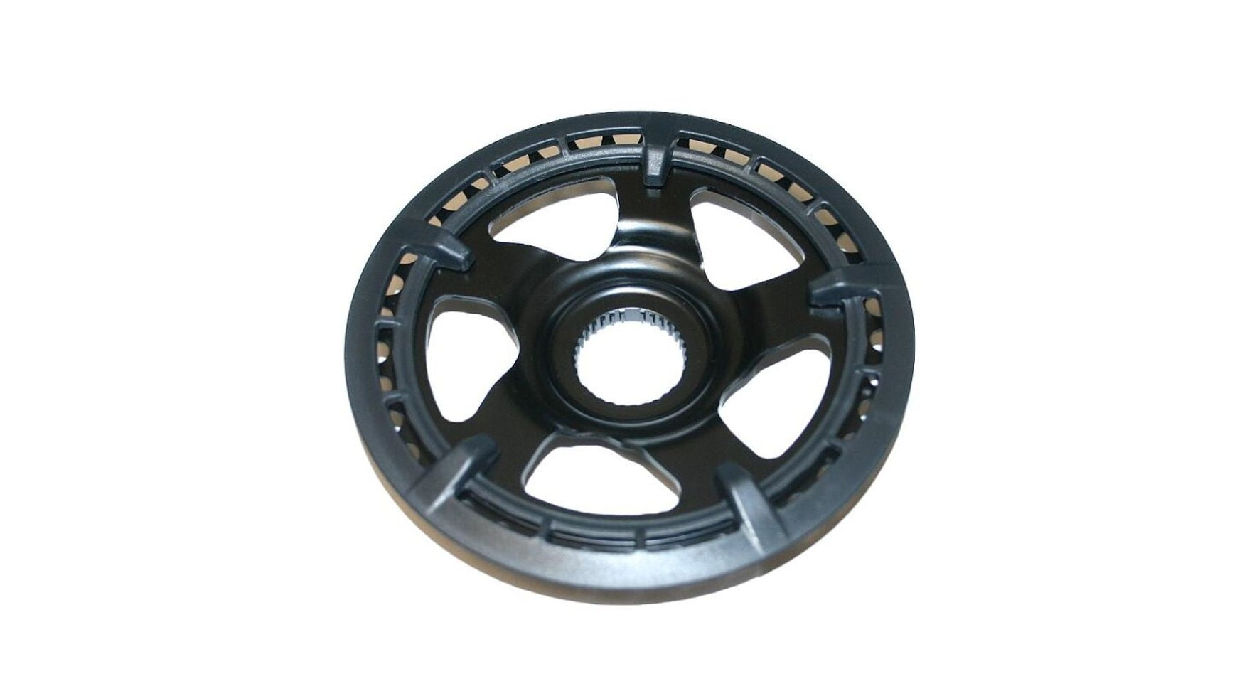 Das MIRANDA Miranda PW-S2/X3 Kettenblatt ist ein schwarzes, rundes Zahnrad mit sechs Speichen und einem gezahnten Innenring für Direct Mount Kompatibilität, dargestellt auf weißem Hintergrund.