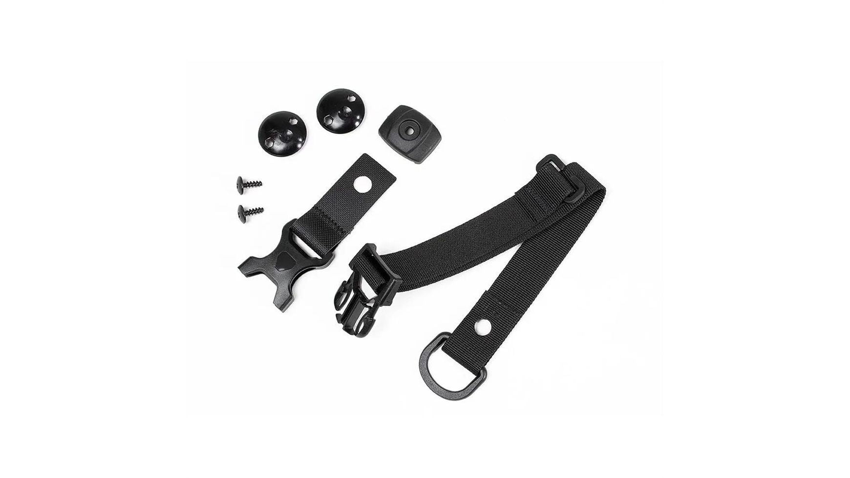 Ein Satz schwarzer ORTLIEB Beschlagteile, einschließlich Schrauben, Riemen mit Schnalle, X-Stealth QL2.1 D-Ring, abgerundete Kappen und flache Halterungen für Fahrradtaschen Ersatzteil, angeordnet auf einem weißen Hintergrund.