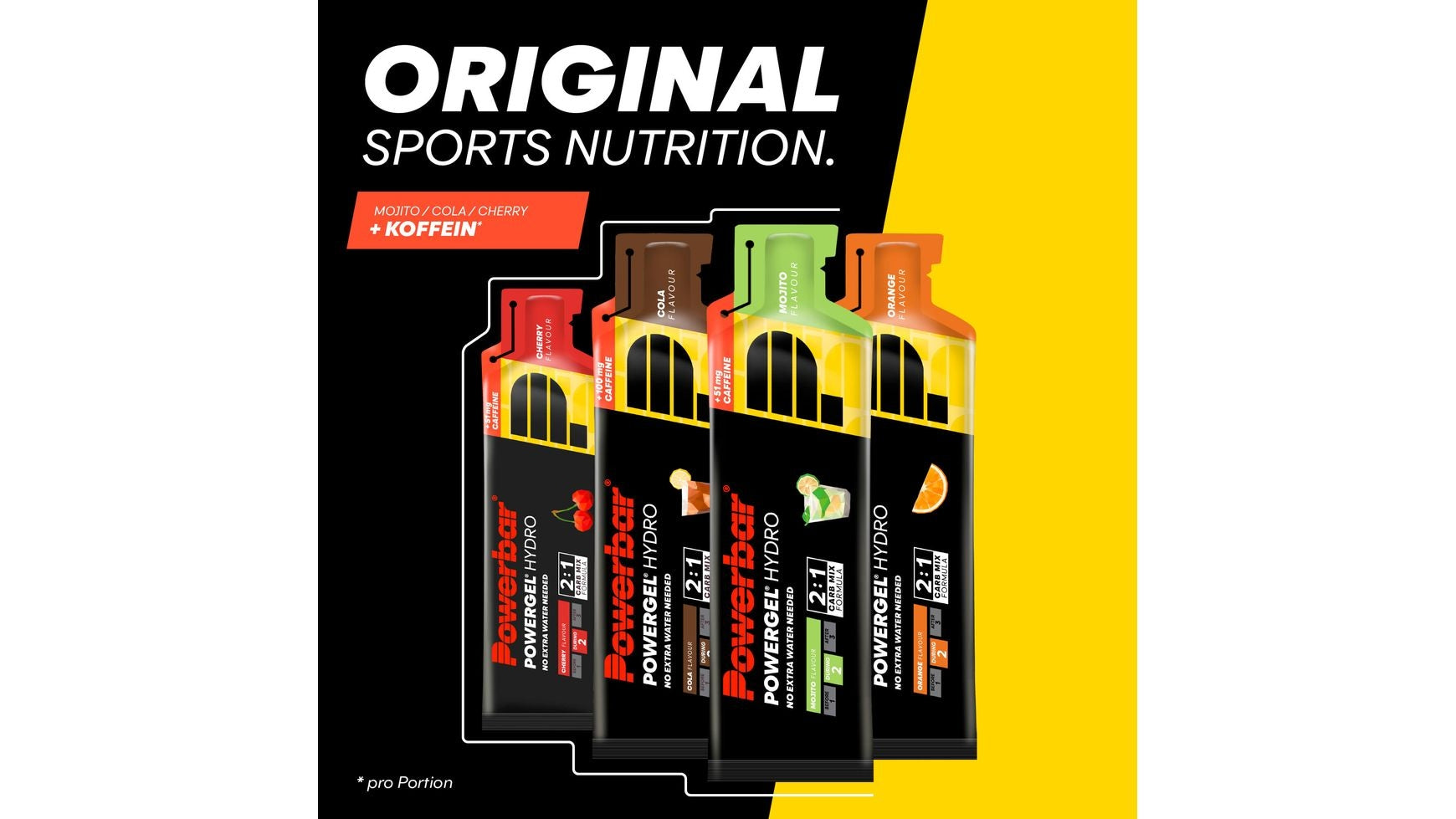 Vier POWERBAR Powergel Hydro Onpack 3+1 Energiegels in den Geschmacksrichtungen Cola/Kirsche, Apfel, Orange und Mango/Passionsfrucht sind aufrecht vor einem schwarz-gelben Hintergrund mit dem Text "Original Sports Nutrition - ideal Sportler Kohlenhydrat Gel" abgebildet.
