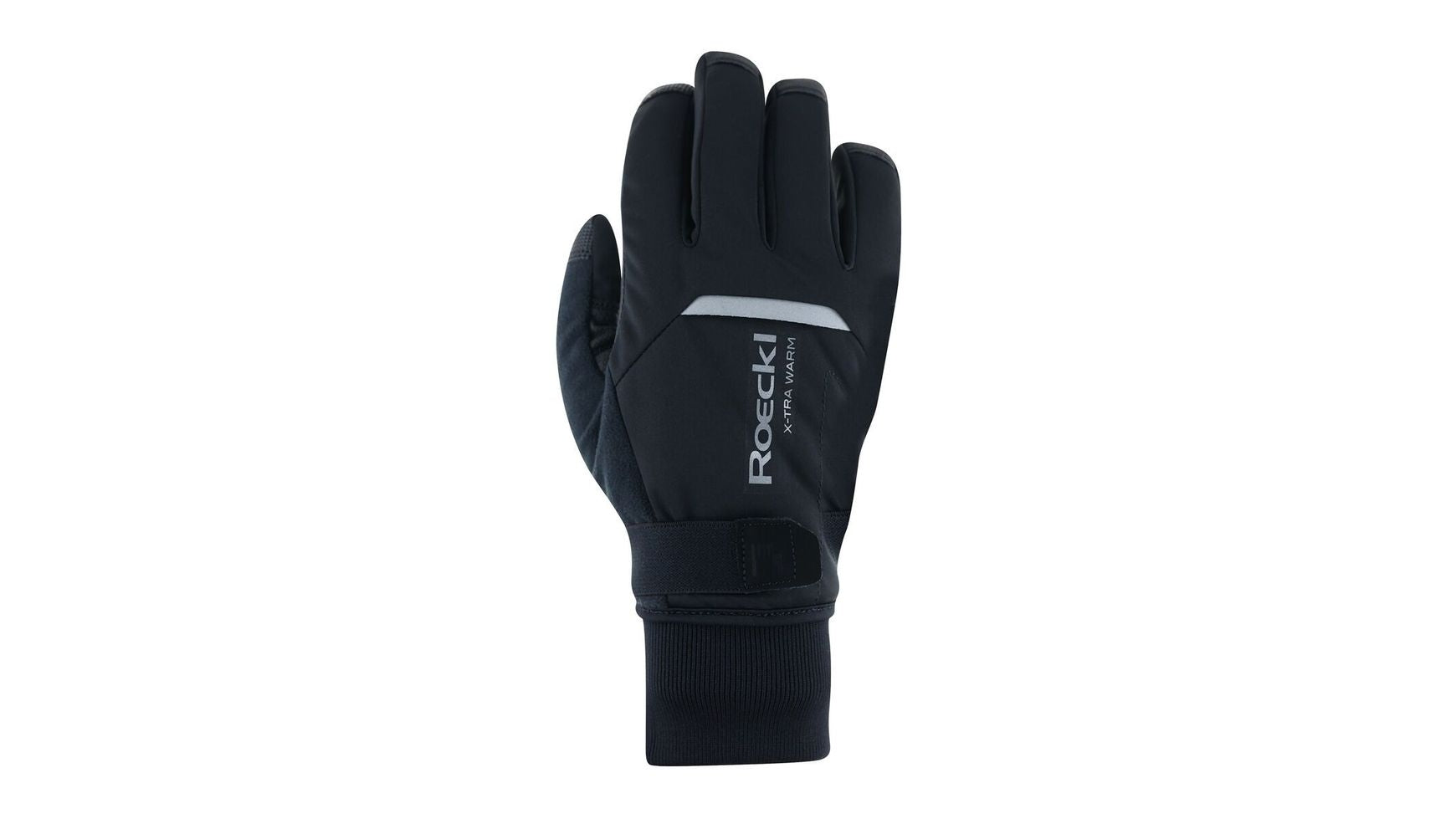 Der schwarze Roeckl Villach 3 Winterradhandschuh mit ROECKL-Branding, PrimaLoft Gold-Isolierung, Reflexstreifen, verstellbarem Handgelenkband und verlängerter Stulpe ist mit der Handfläche nach unten auf weißem Grund abgebildet.