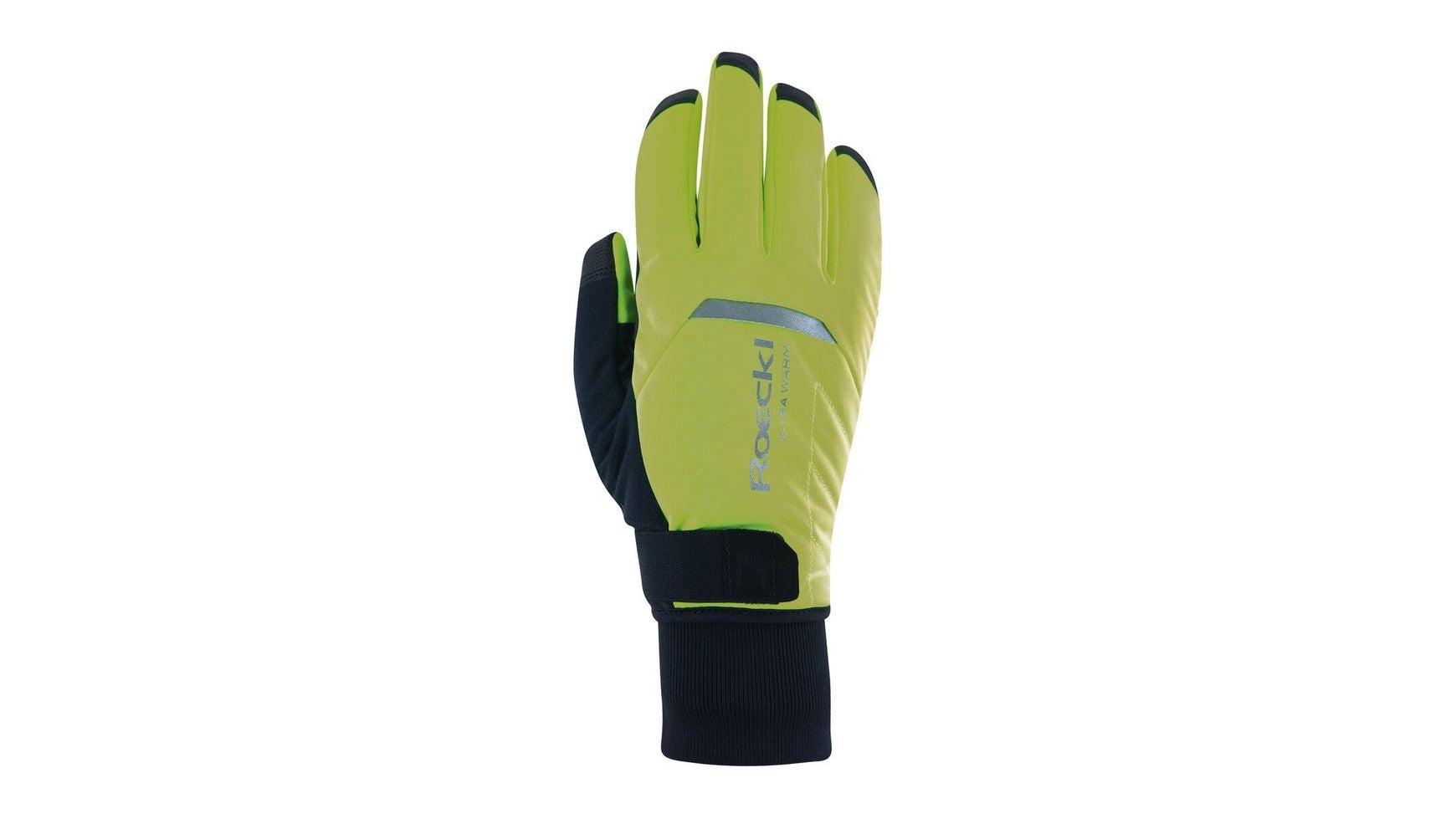 Der gelb-schwarze Winterradhandschuh ROECKL Roeckl Villach 3 mit PrimaLoft Gold Isolierung, Klettverschluss und reflektierendem Akzent ist aufrecht auf weißem Grund abgebildet.