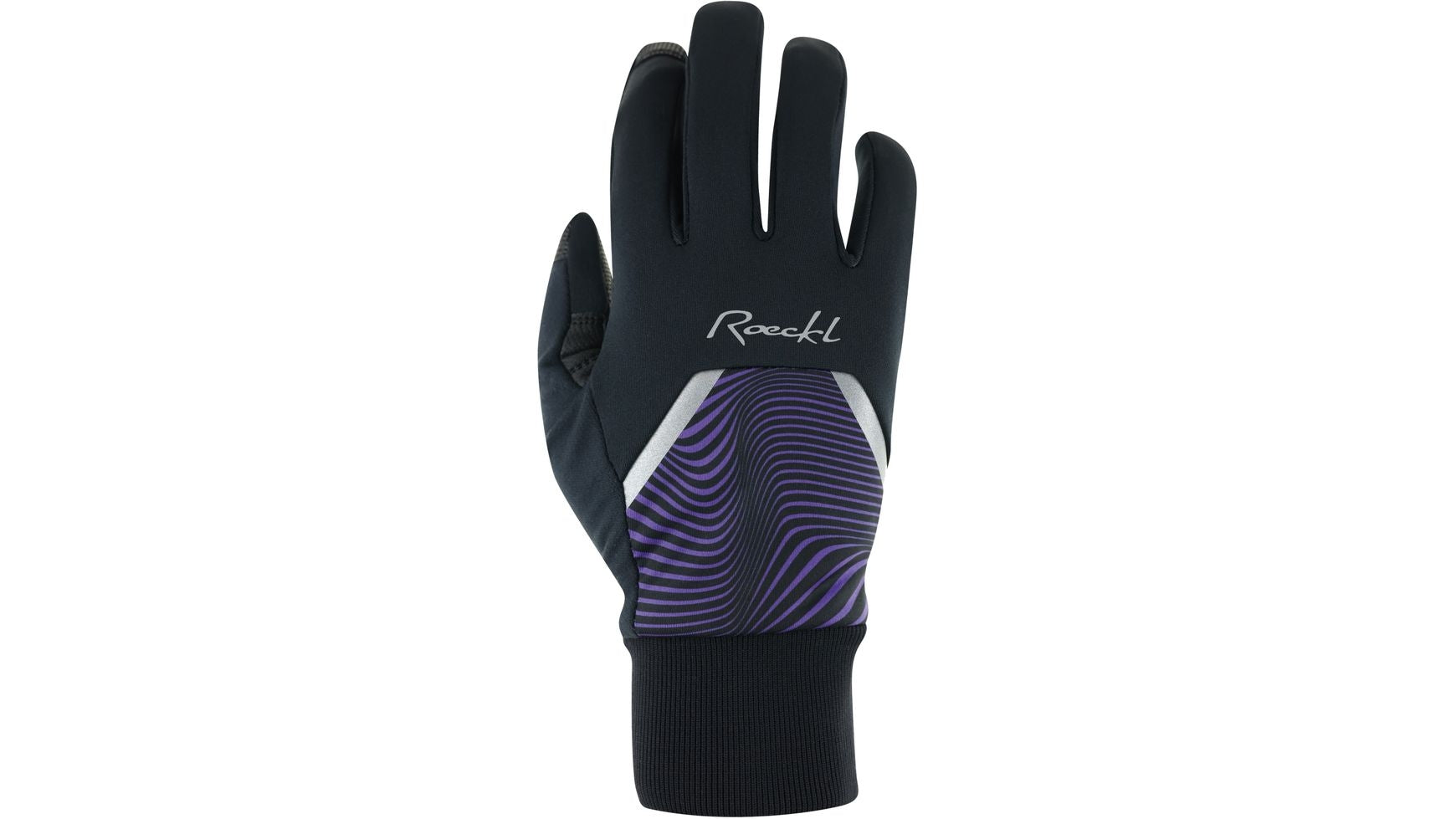 Ein schwarzer ROECKL Wirsberg Softshell Winterradhandschuh mit dem ROECKL-Logo, einem lila-weißen Wellenmuster auf dem Handrücken und einem gerippten Bündchen. Der Handschuh ist aufrecht mit ausgestreckten Fingern abgebildet.