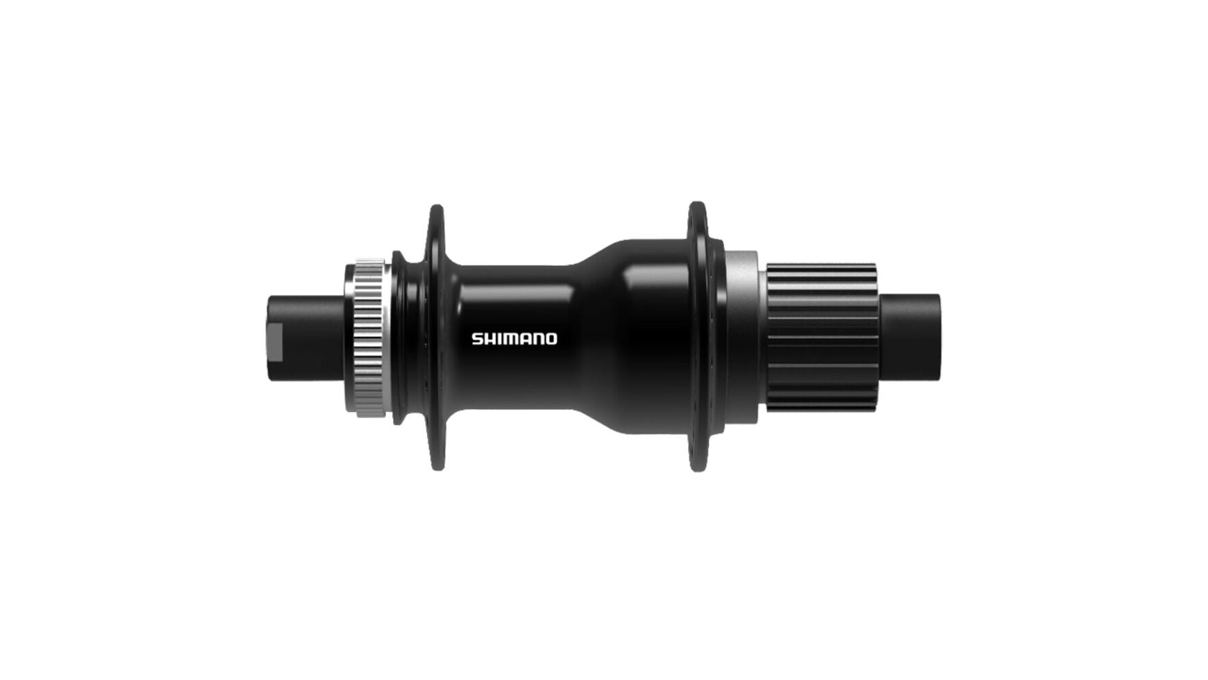 Die SHIMANO FH-TC500-MS-B 12-fach Hinterradnabe ist eine schwarze Mountainbike-Nabe mit zwei Flanschen und 12-Gang Micro-Spline Kassettennuten, abgebildet auf weißem Hintergrund.