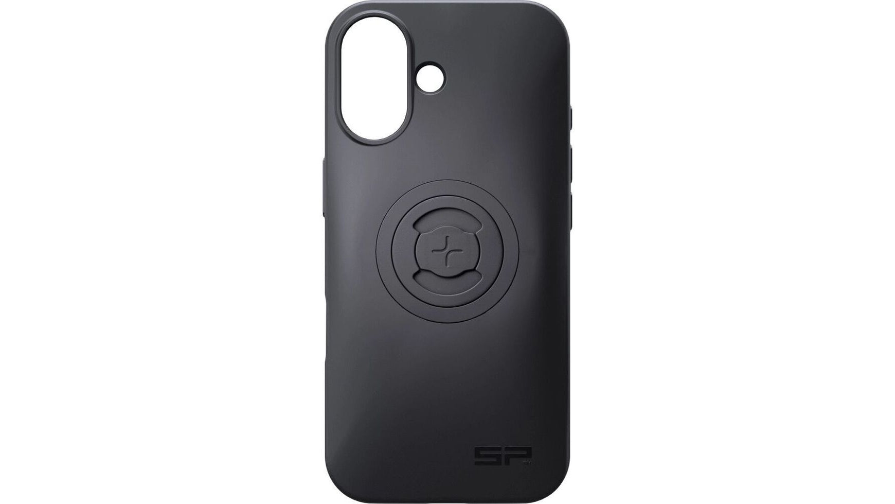 Die SP CONNECT SP Phone Case SPC+ für Apple iPhone 17 ist eine schwarze magnetische Handyhülle mit MagSafe-Kompatibilität, rundem Montagesystem in der Mitte, Kameraausschnitt oben links und SP-Logo unten rechts.