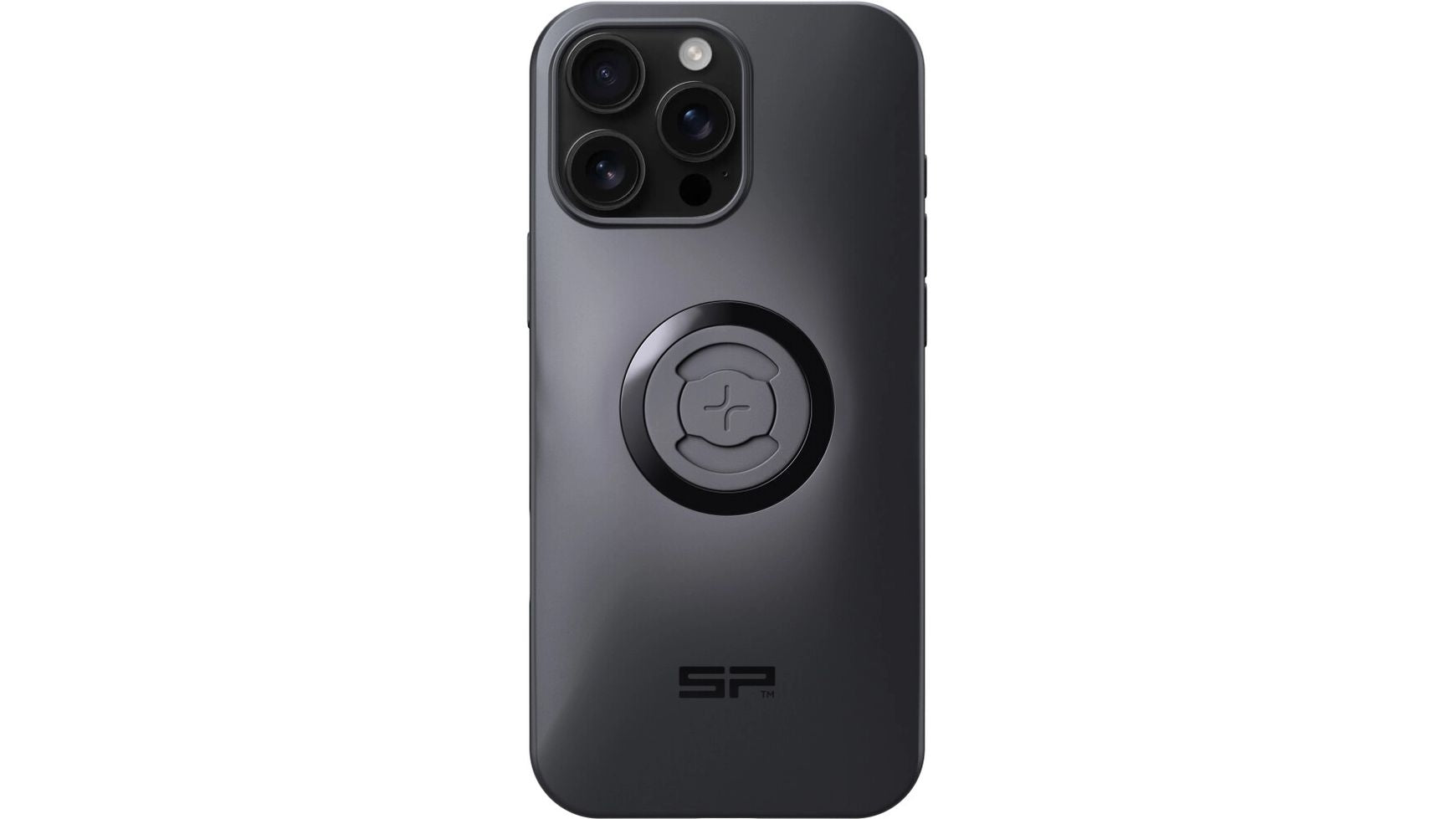 Das schwarze SP CONNECT SP Phone Case SPC+ für das iPhone 16 Pro MX verfügt über eine runde, MagSafe-kompatible Halterung und zeigt die Buchstaben "SP" in der Nähe der Unterseite, wobei drei rückwärtige Kameras sichtbar sind.