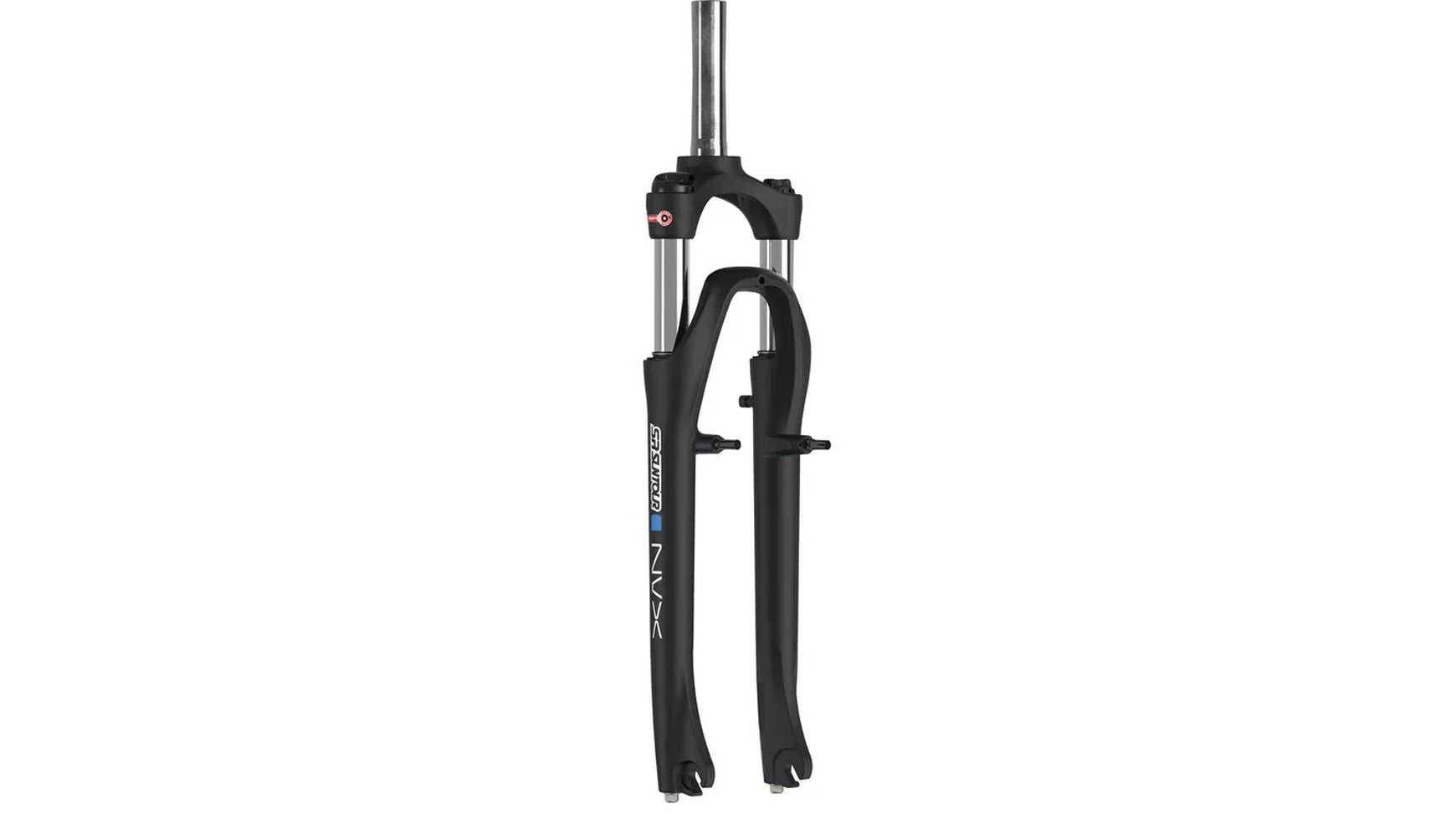 Der schwarze SUNTOUR SR Suntour Federgabel für 28"-Räder ist ideal für Trekking- und City-Fahrten, mit langen Beinen, Kronenfederung, Scheibenbremsaufnahme und sichtbarem SUNTOUR-Branding.