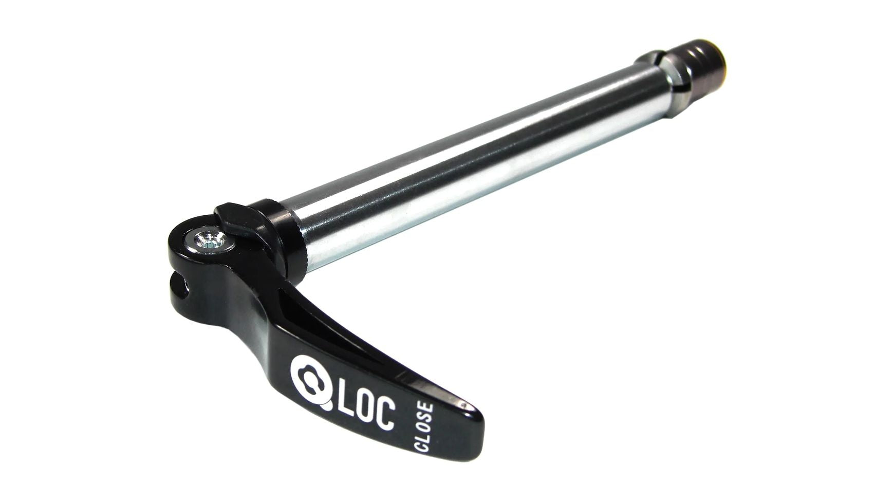 Die SUNTOUR SR Suntour Q-Loc Achse 100 mm kurz ist eine Metall-Steckachse für Federgabel, mit einem schwarzen Schnellspannhebel mit der Aufschrift QLOC und CLOSE auf weißem Grund.
