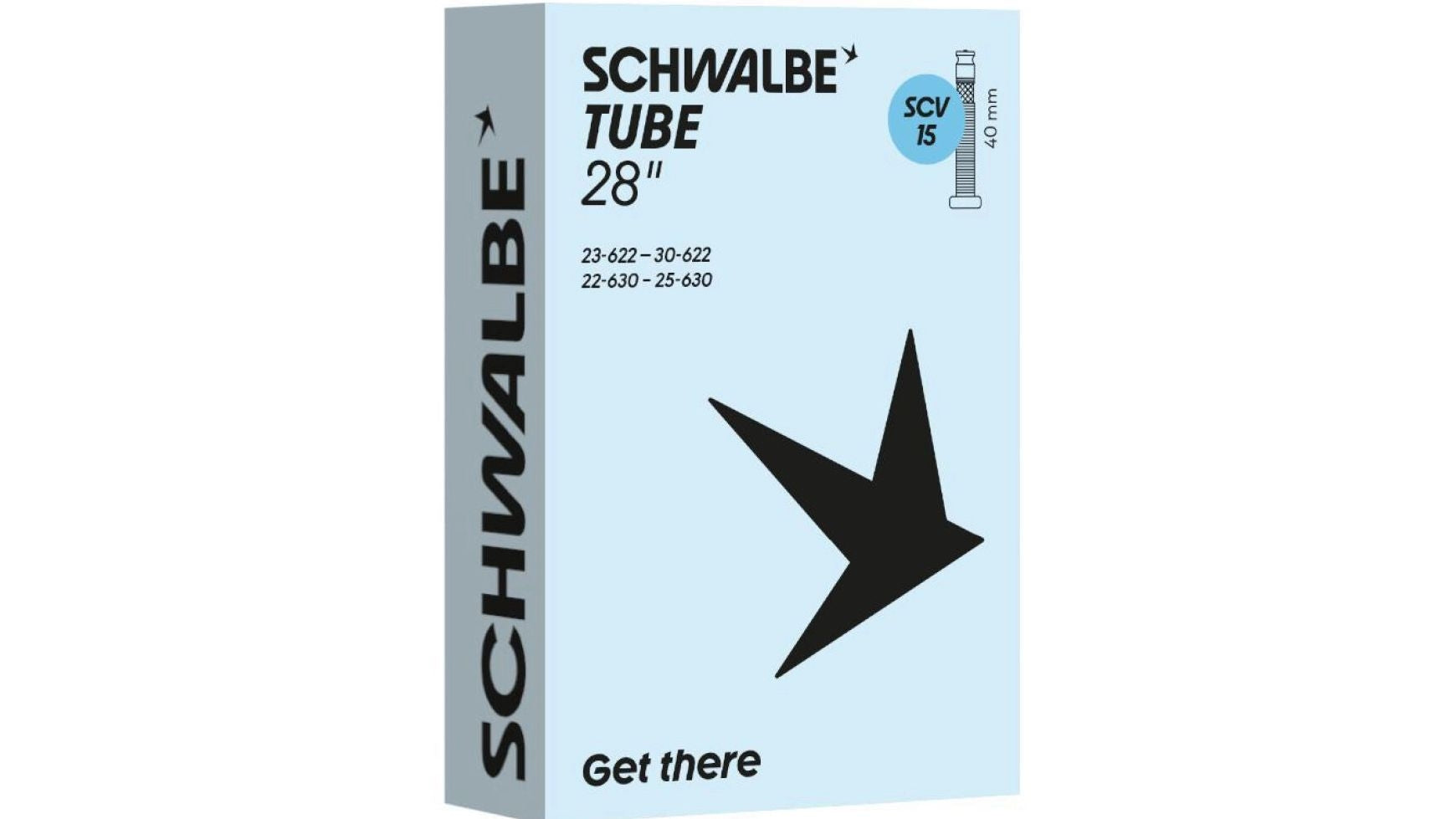 Hellblaue SCHWALBE SCV15 28" 40 mm Box für Rennrad, mit großem schwarzem Pfeil, Produktdetails, "Get there"-Text am unteren Rand und Indikatoren für Clik Valve und 40 mm Ventil oben rechts.