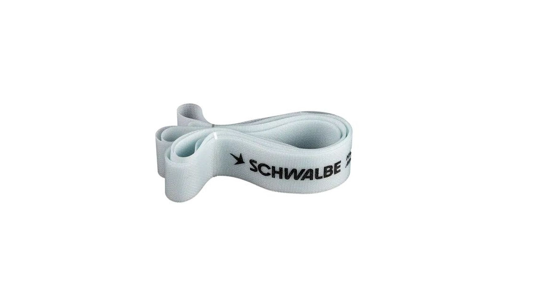 Das SCHWALBE Super High Pressure TPU-Felgenband in weißer Rollenoptik mit schwarzem Schwalbe"-Aufdruck erhöht den Pannenschutz und schützt den Schlauch im Inneren der Felge.