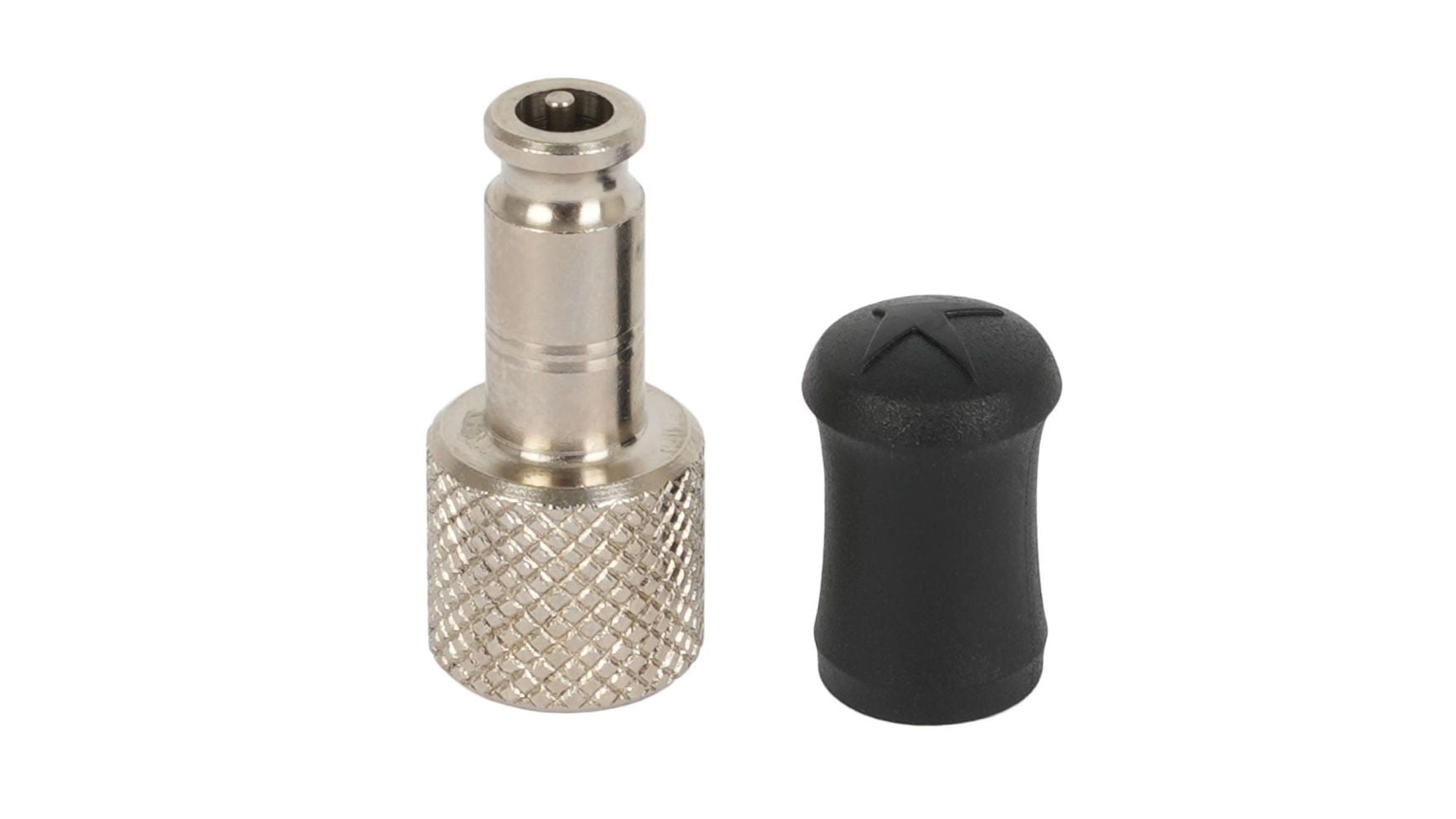 Der SCHWALBE Schwalbe AV-SCV Ventiladapter Clik, aus Metall mit gerändeltem Griff, ist neben einer schwarzen Kunststoffkappe mit Sterndesign abgebildet, ideal für die Verwendung mit Pumpkopf-Setups oder Schwalbe Clik Valve Systemen.
